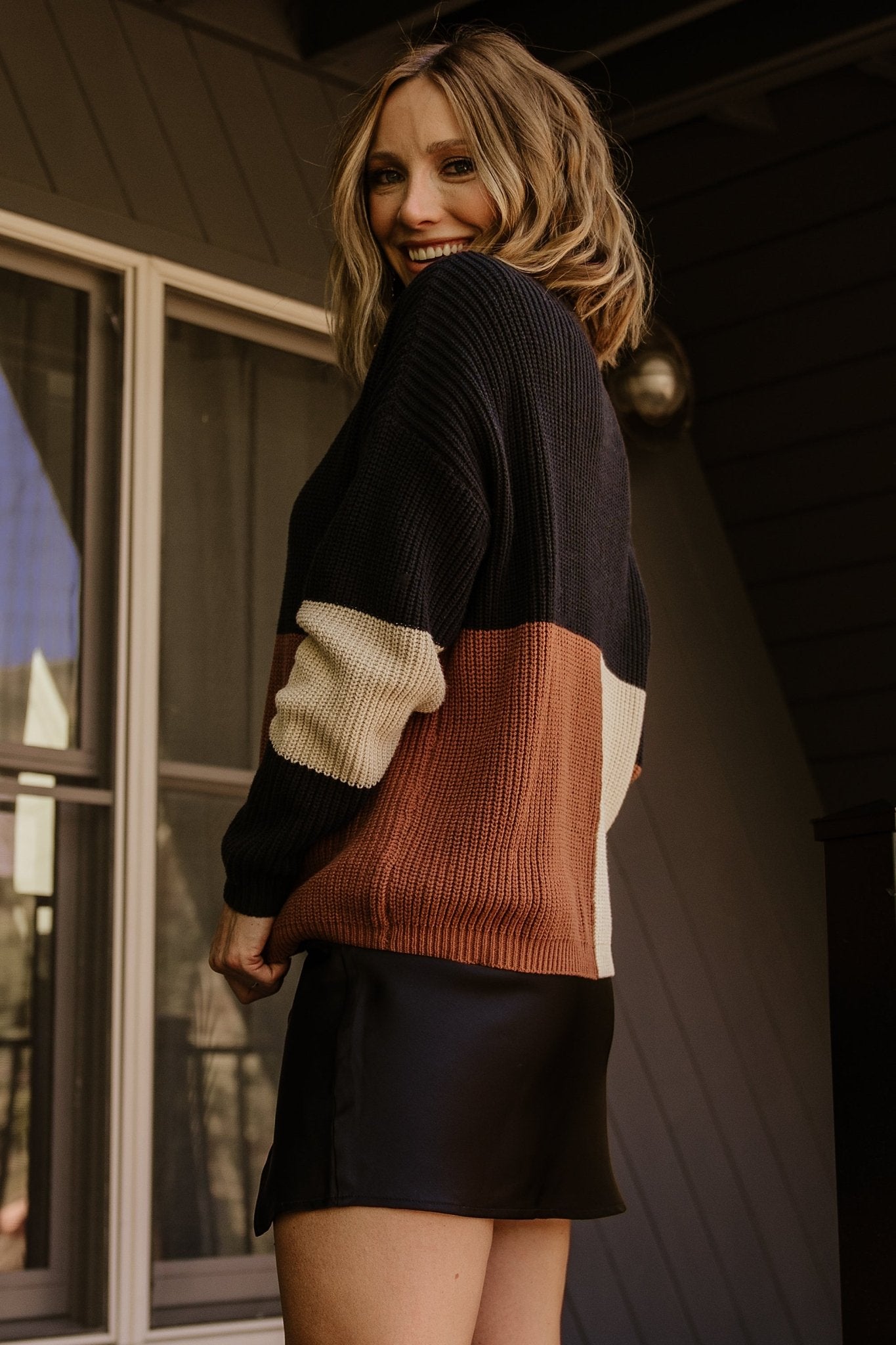 Color Block Knit Sweater with Mock Neck & Drop Shoulders | Dawson