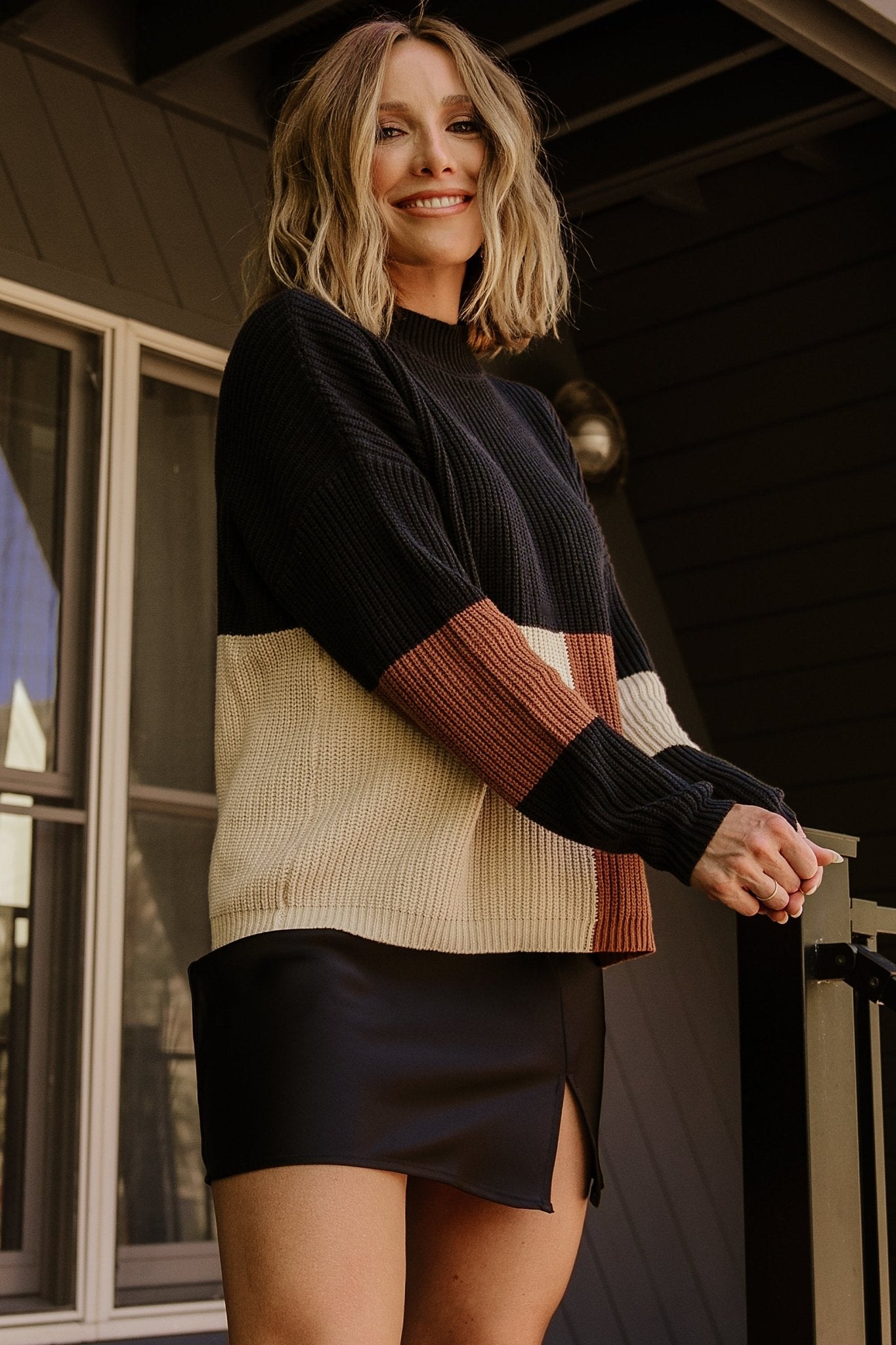 Color Block Knit Sweater with Mock Neck & Drop Shoulders | Dawson