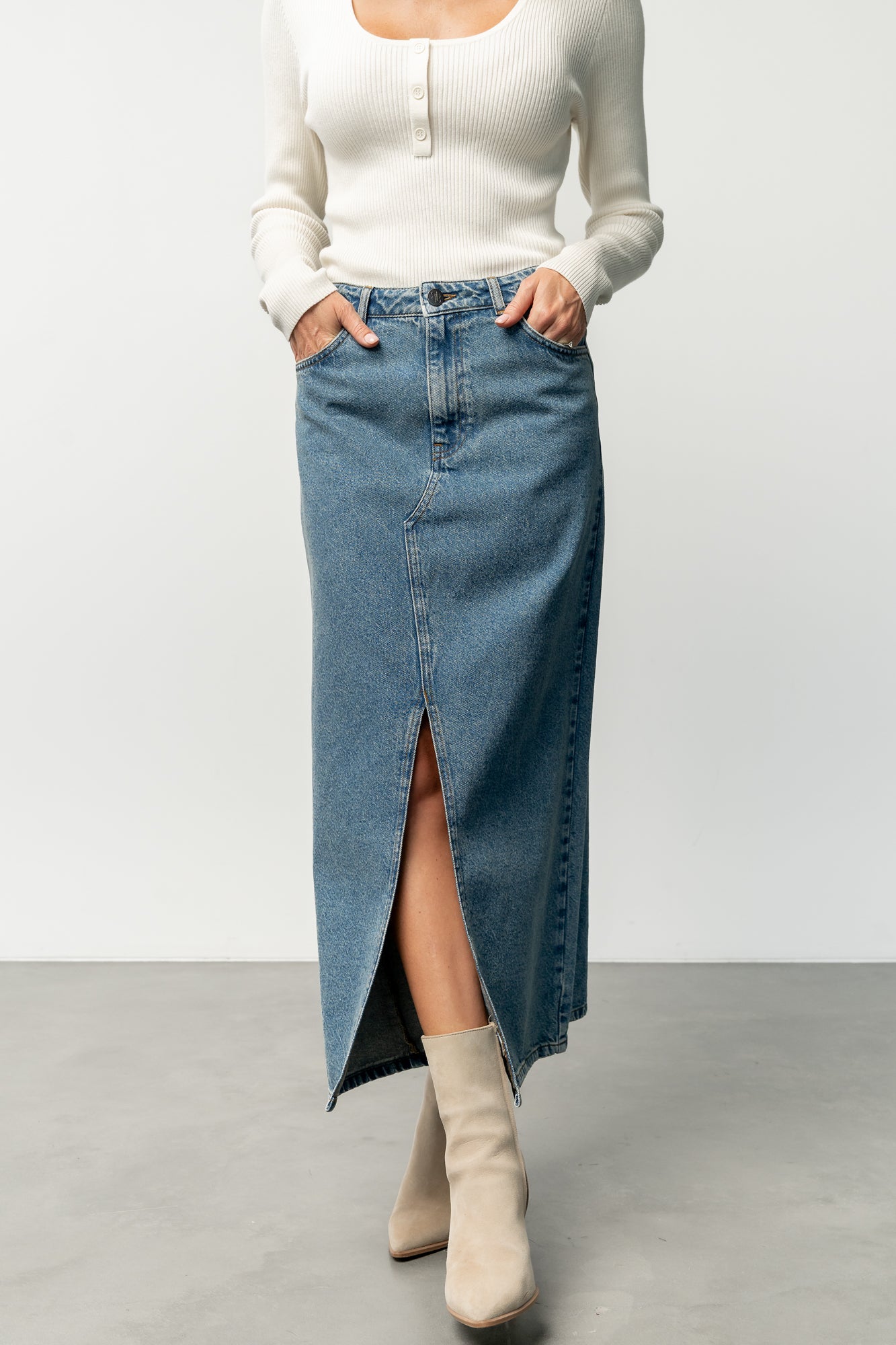 Medium Wash Denim Midi Skirt with Front Slit & Pockets | Aleksa