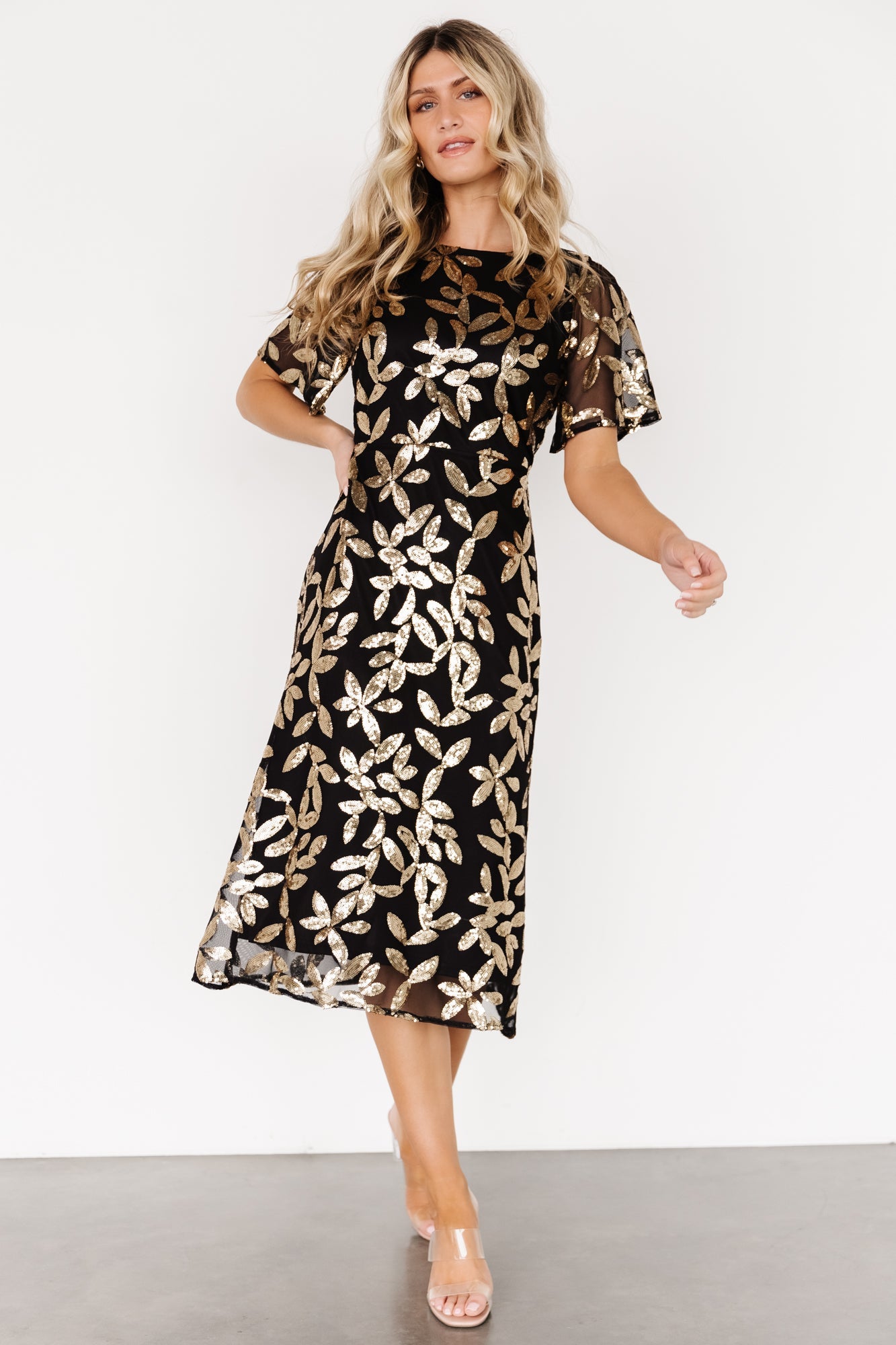 Black & Gold Sequin Midi Dress with Keyhole Back | Baltic Born