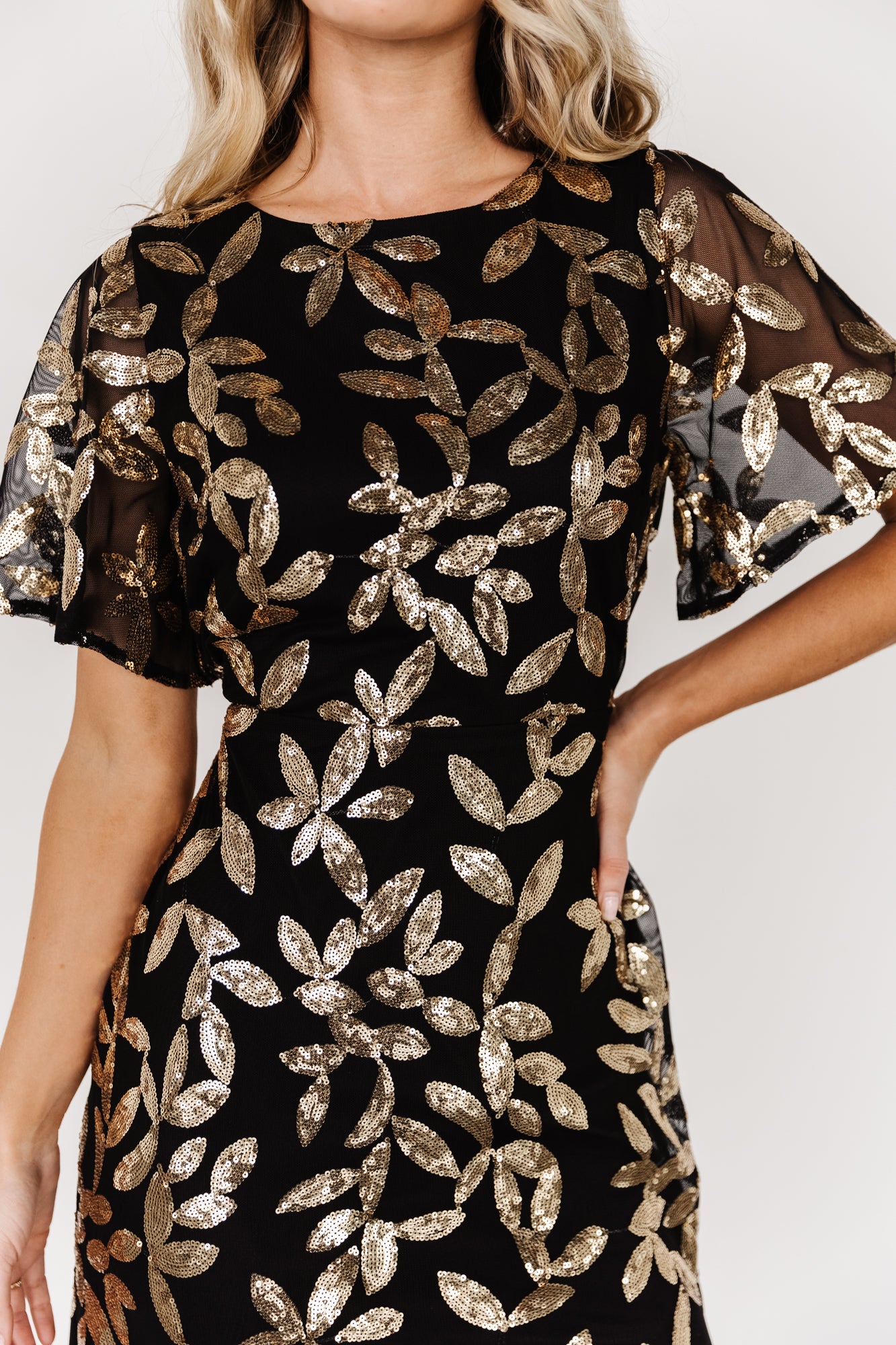 Black & Gold Sequin Midi Dress with Keyhole Back | Baltic Born