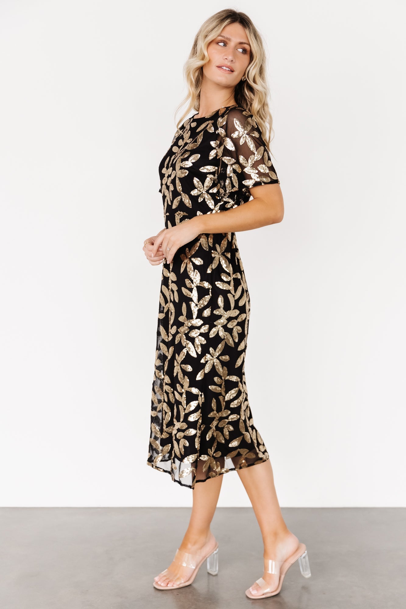 Black & Gold Sequin Midi Dress with Keyhole Back | Baltic Born