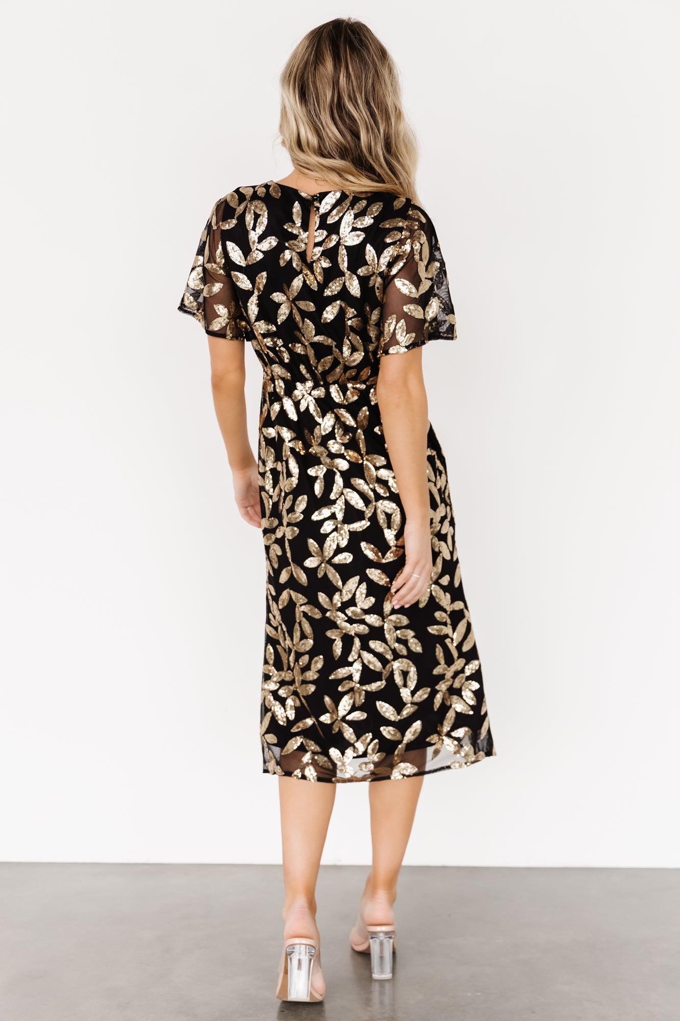 Black & Gold Sequin Midi Dress with Keyhole Back | Baltic Born