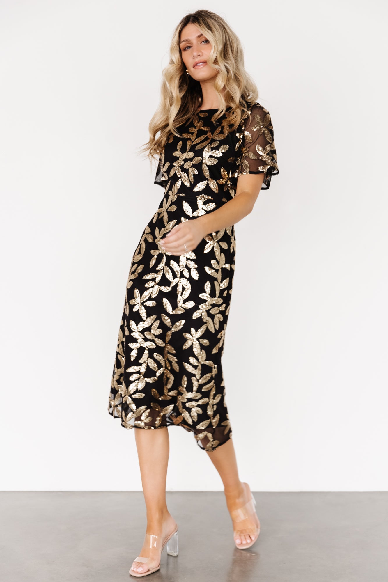 Black & Gold Sequin Midi Dress with Keyhole Back | Baltic Born
