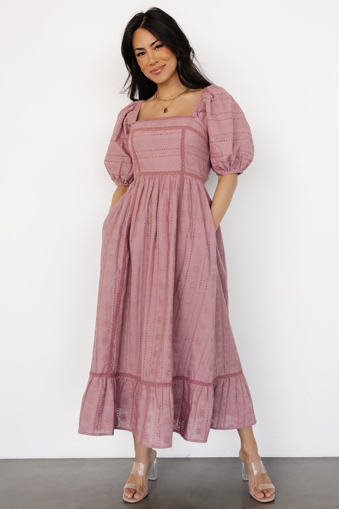 Floral Eyelet Midi Dress with Smocked Back & Pockets | Delaney