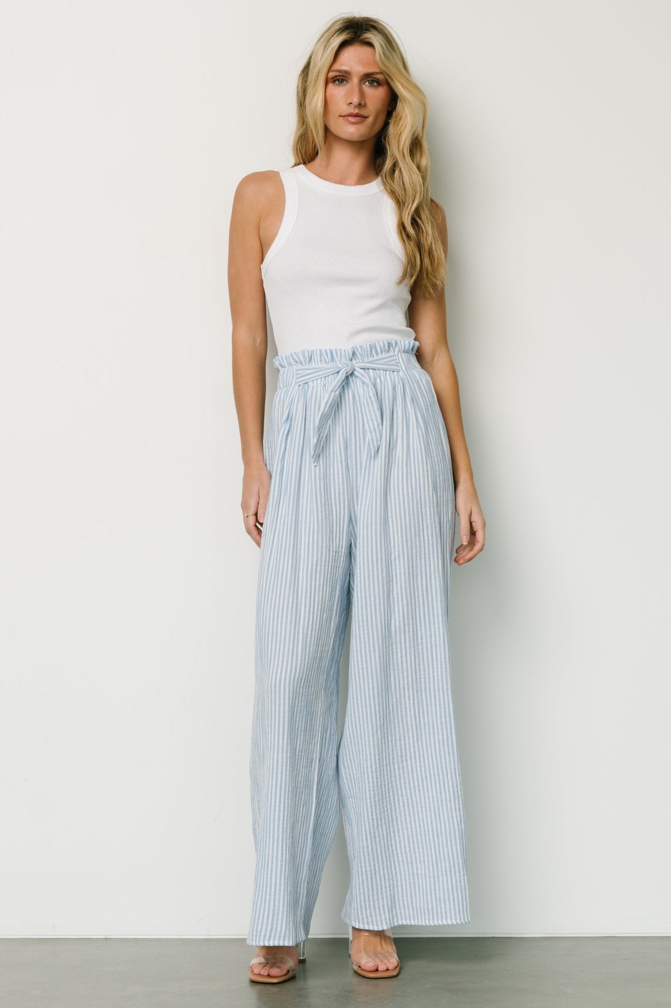 Blue Stripe Wide Leg Pants with Elastic Waist & Ruffle Detail | Baltic Born