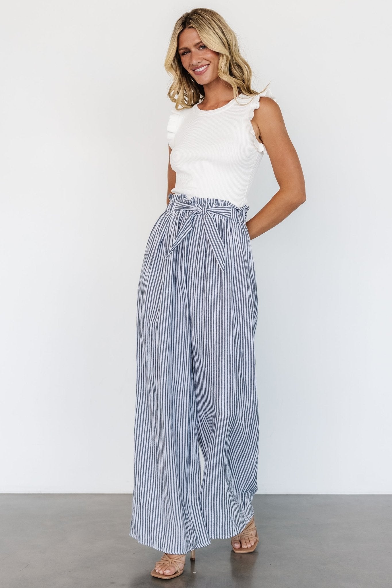 Wide Leg Cotton Pants with Elastic Waist & Navy Stripe | Baltic Born