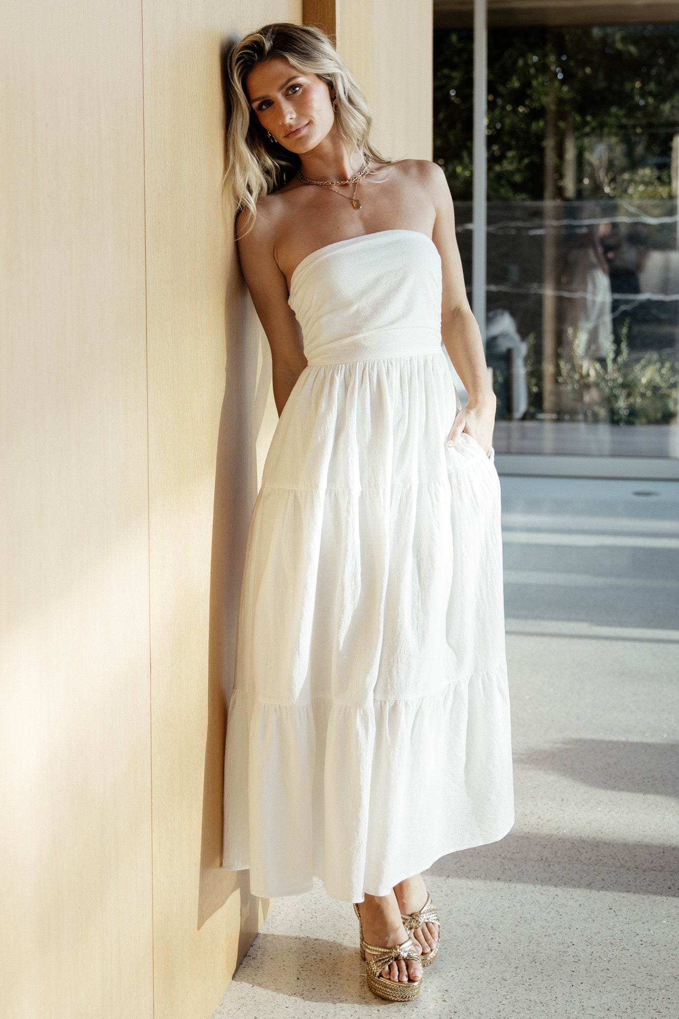 Strapless Cotton Dress with Tiered Skirt & Pockets | Off White