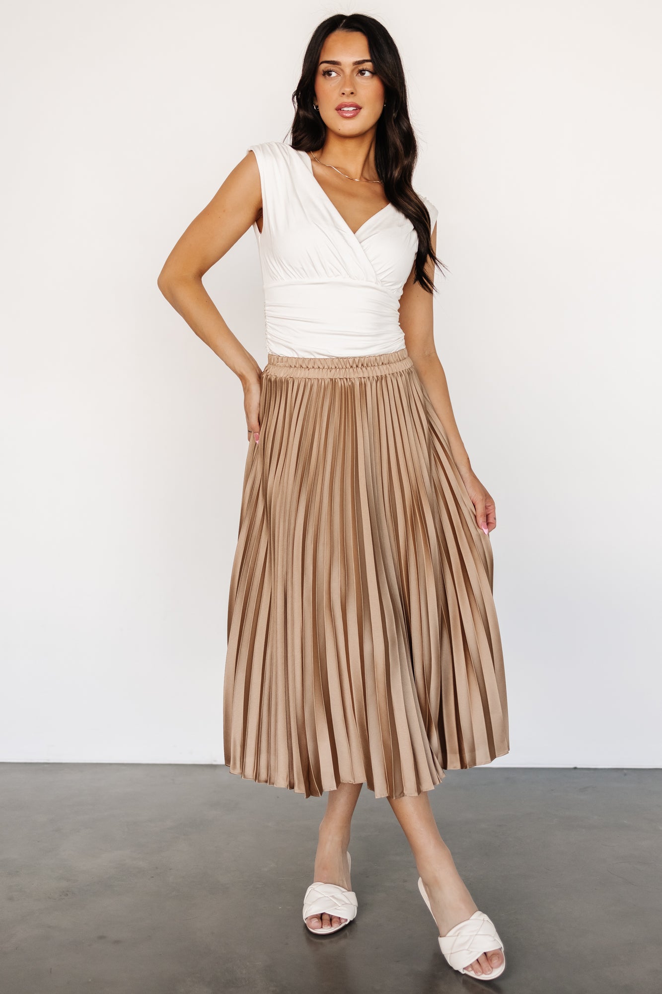 Pleated Midi Skirt in Light Bronze | Demetria Satin Skirt