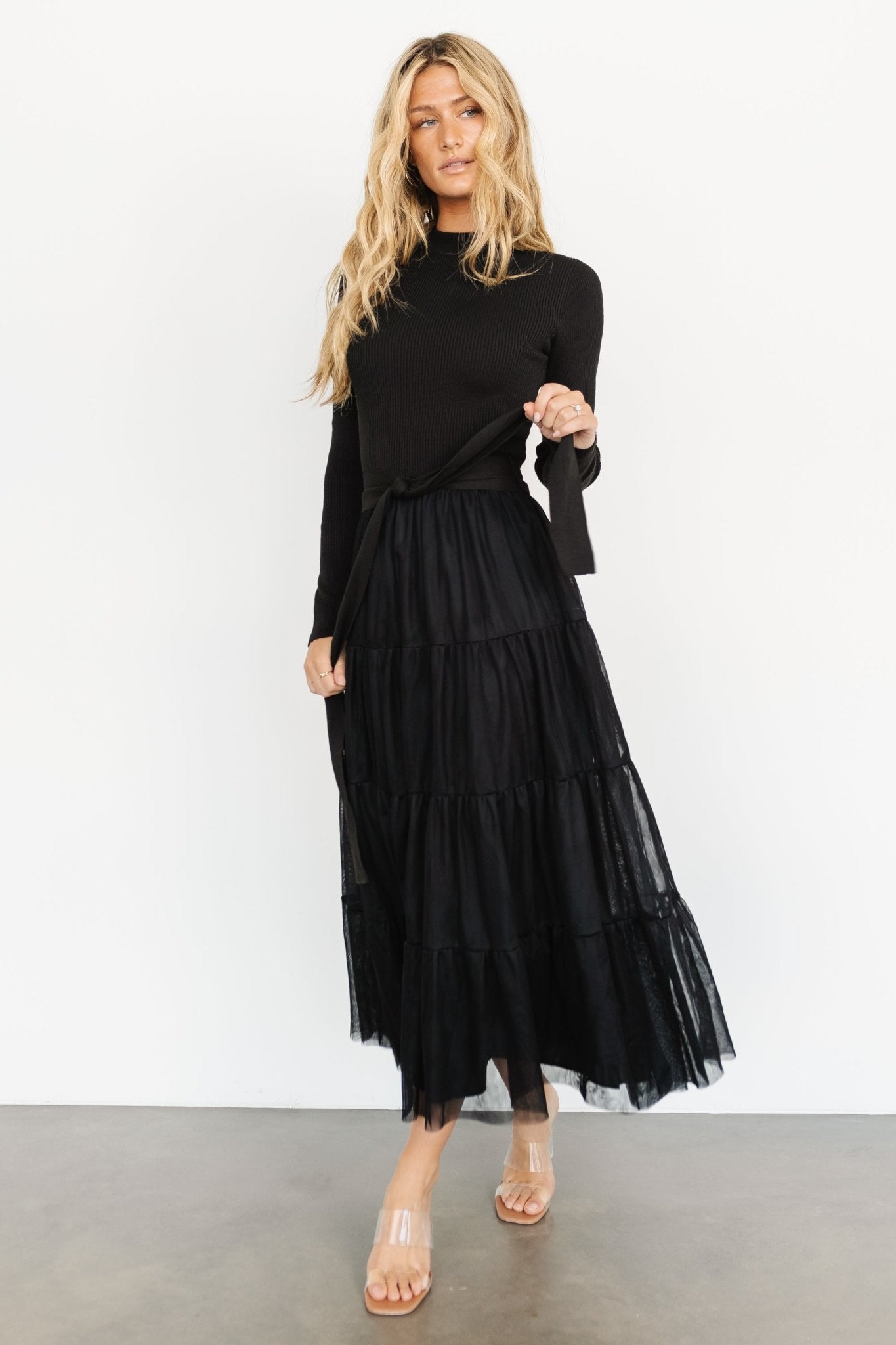 Black Tulle Maxi Dress with Tiered Ruffles & Elastic Waist | Baltic Born
