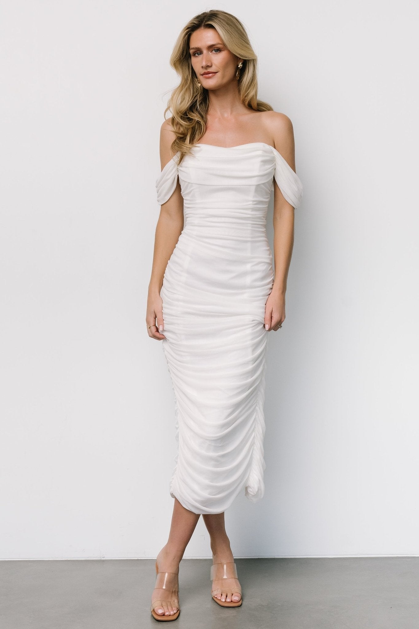 Off-White Mesh Midi Dress with Ruched Sides & Back Slit | Alessandra