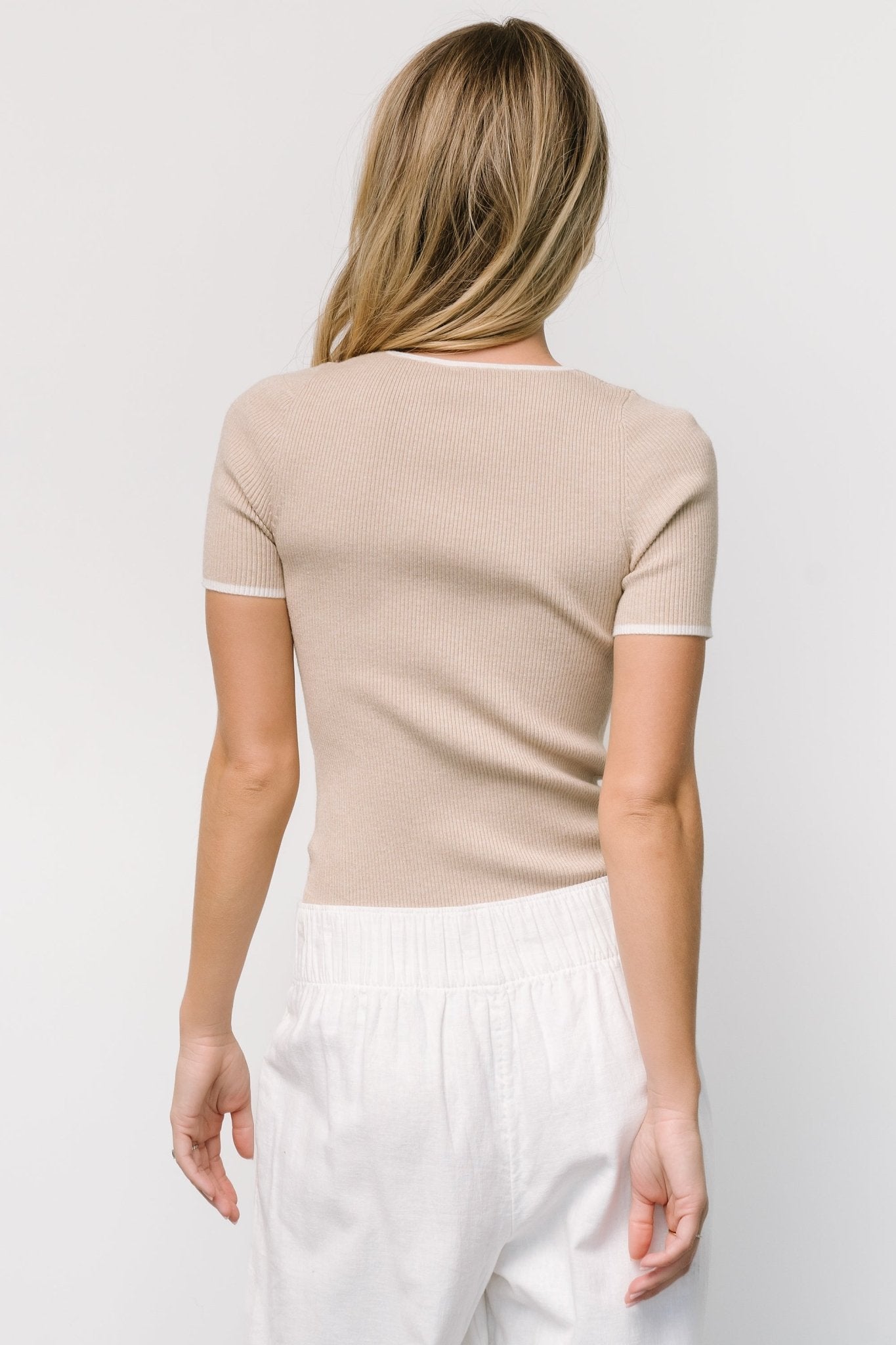 Ribbed Scoop Neck Top with Ivory Piping | Dena Natural & Ivory