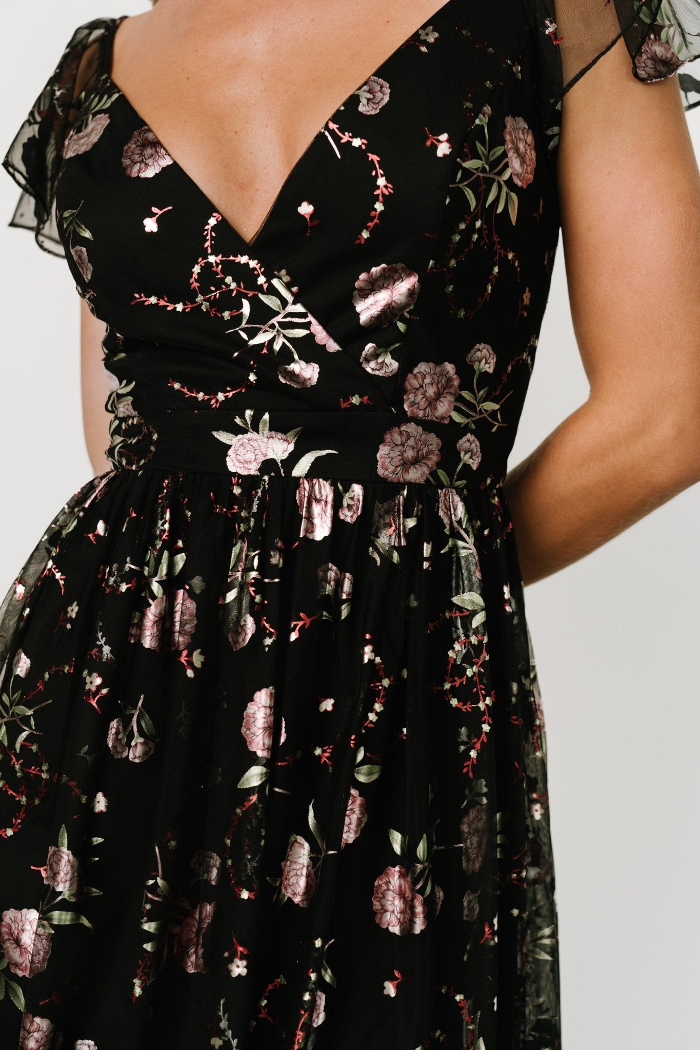 Floral Tulle Maxi Dress with Surplice Neckline | Devany
