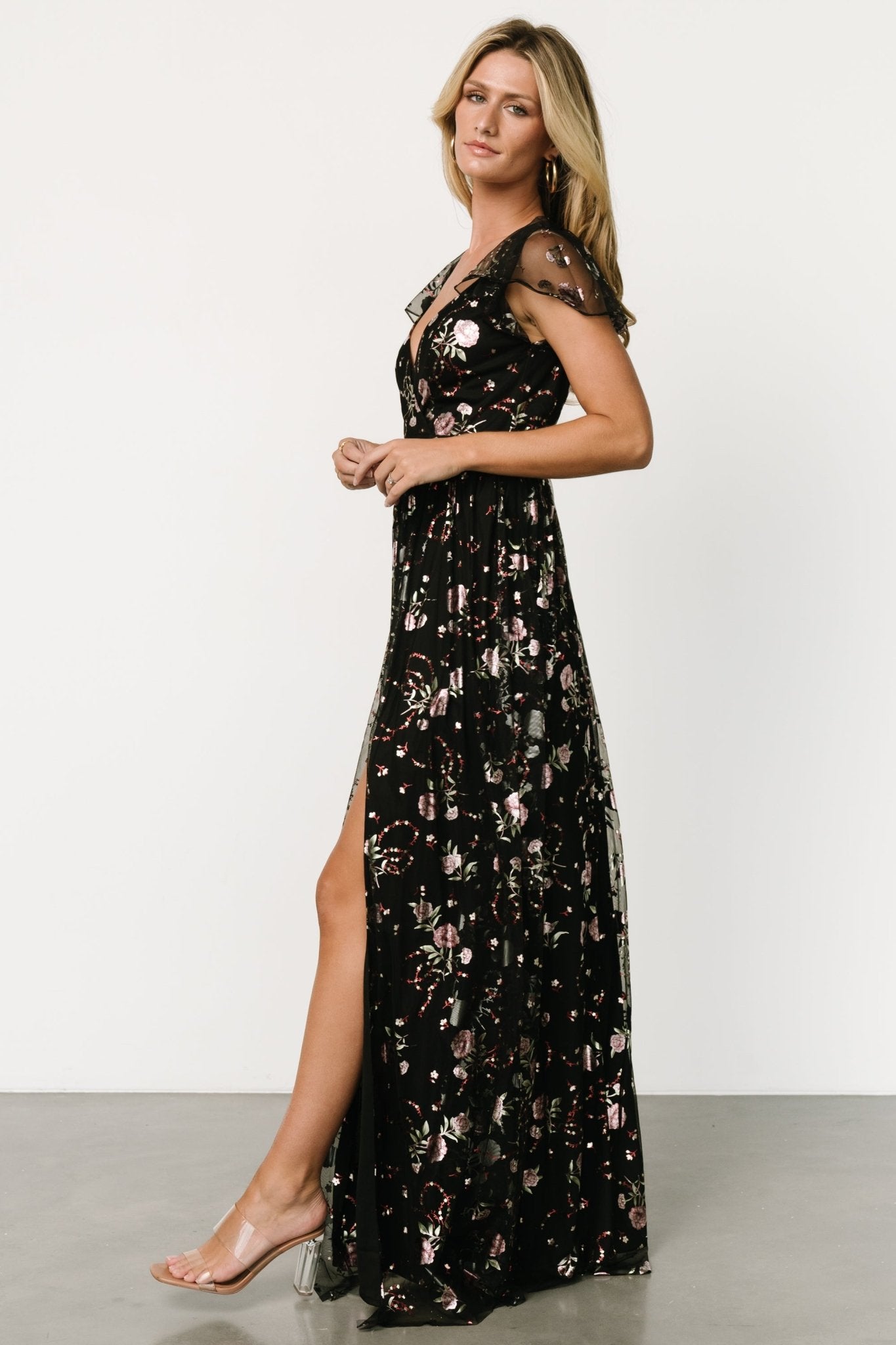 Floral Tulle Maxi Dress with Surplice Neckline | Devany