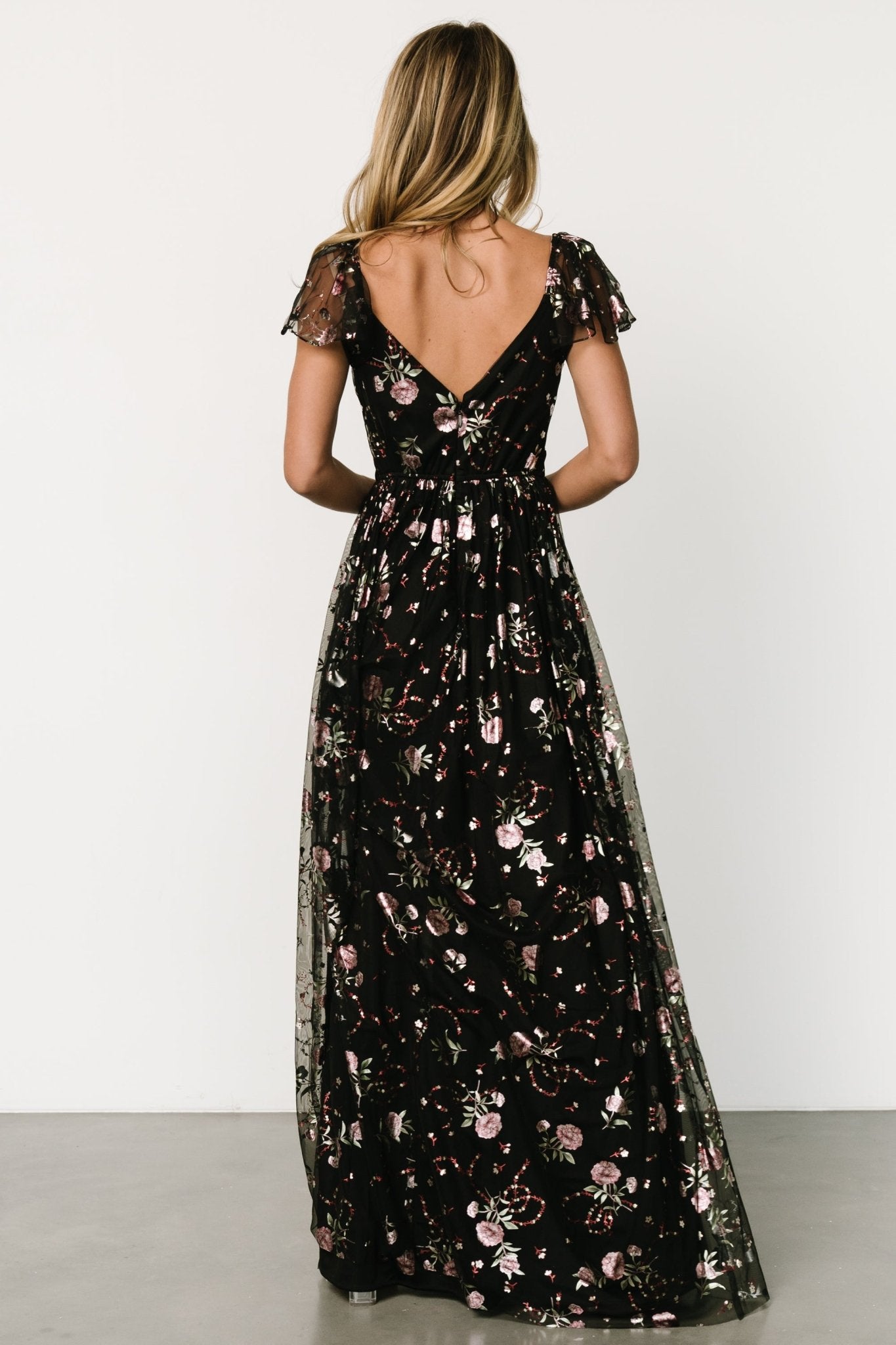 Floral Tulle Maxi Dress with Surplice Neckline | Devany