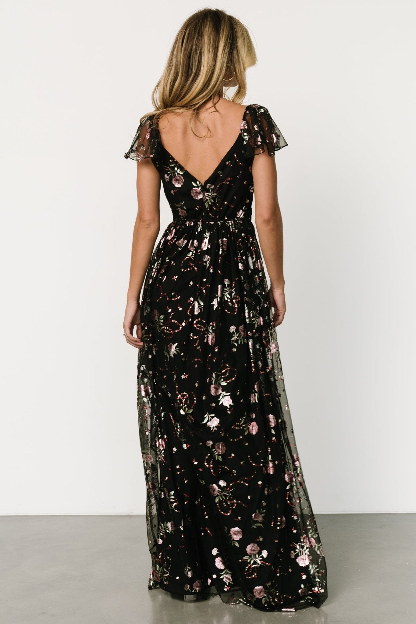 Floral Tulle Maxi Dress with Surplice Neckline | Devany