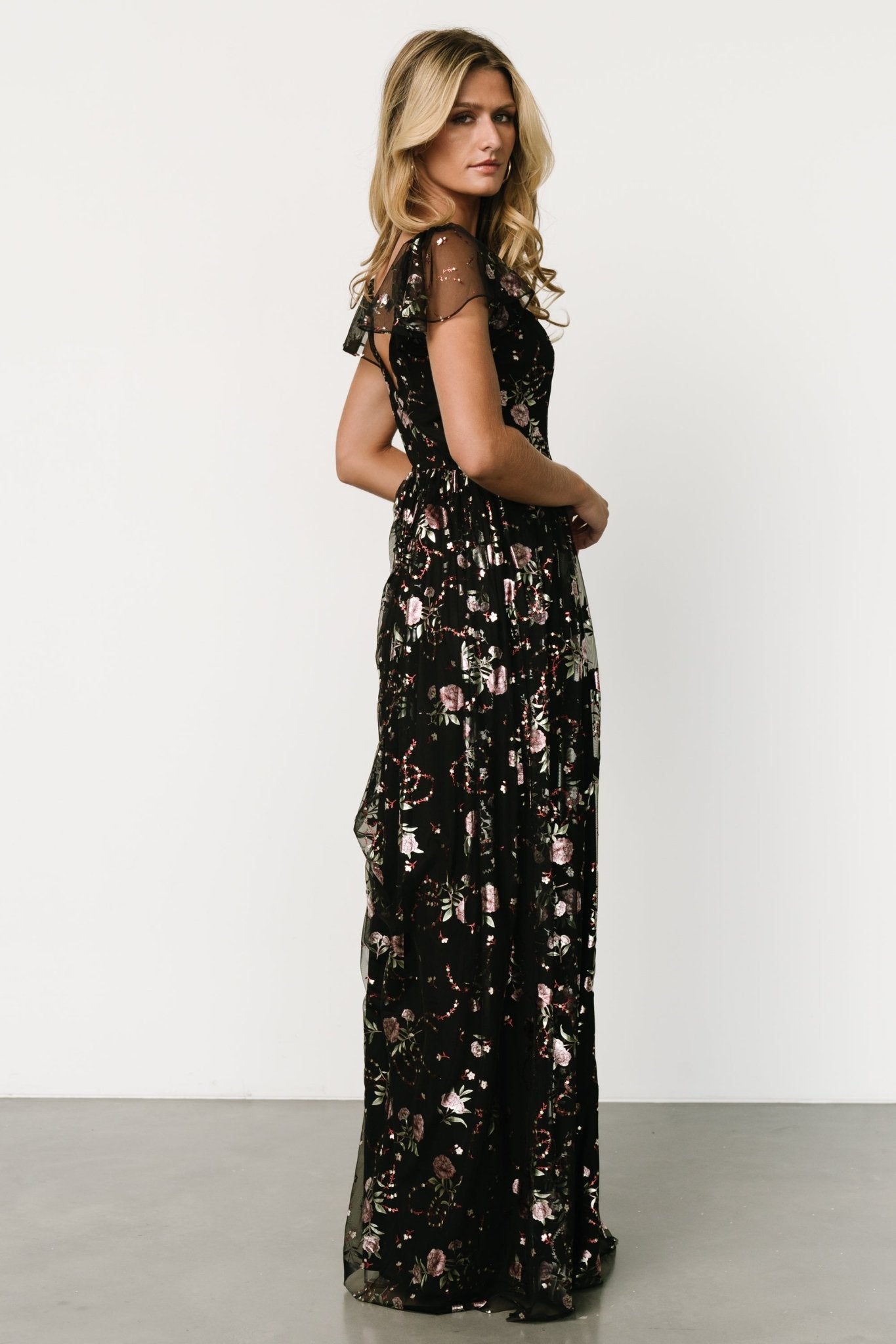 Floral Tulle Maxi Dress with Surplice Neckline | Devany