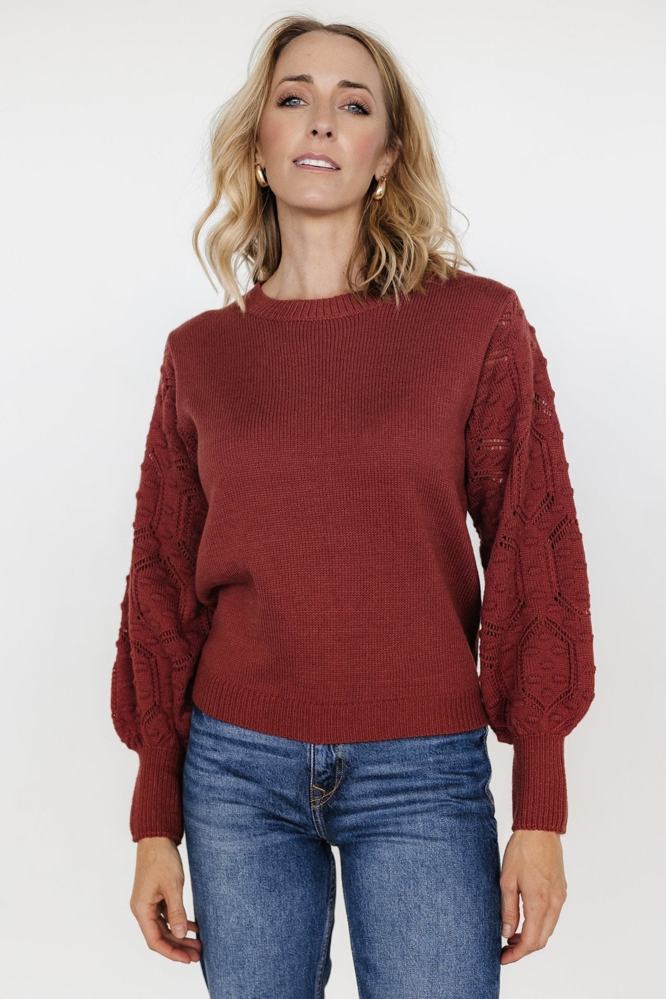 Lightweight Pointelle Knit Sweater with Puffed Sleeves | Devri