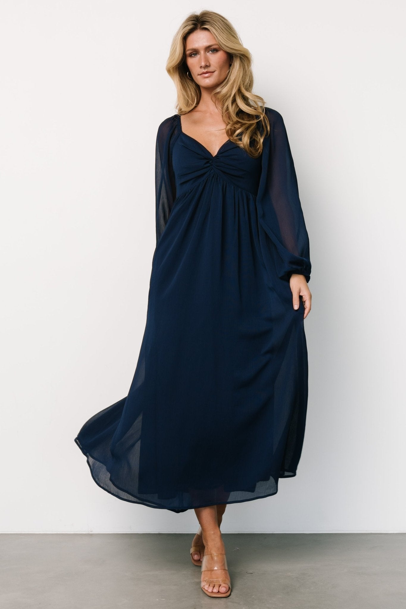 Navy Georgette Midi Dress with Sweetheart Neckline | Dione