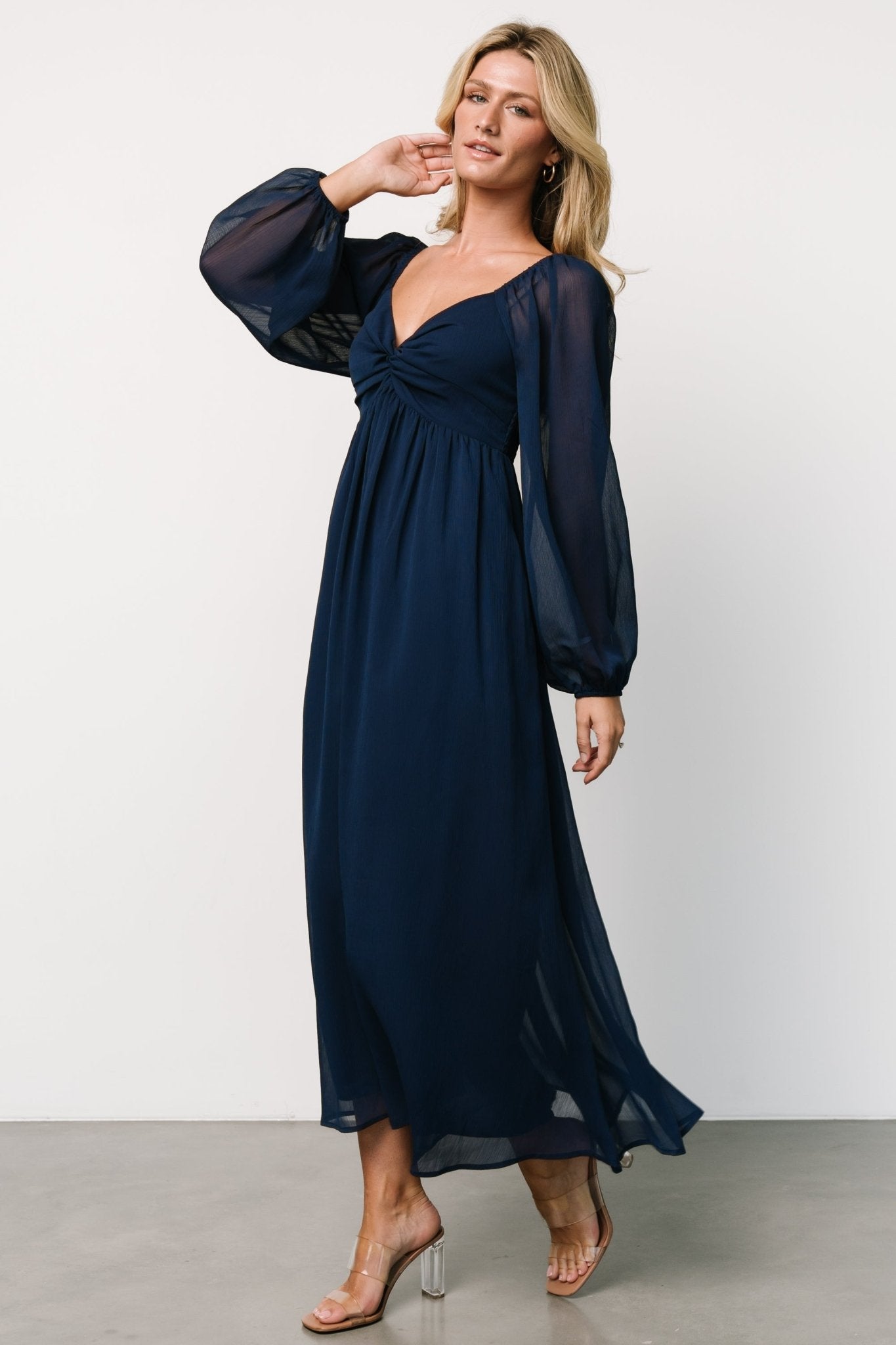 Navy Georgette Midi Dress with Sweetheart Neckline | Dione
