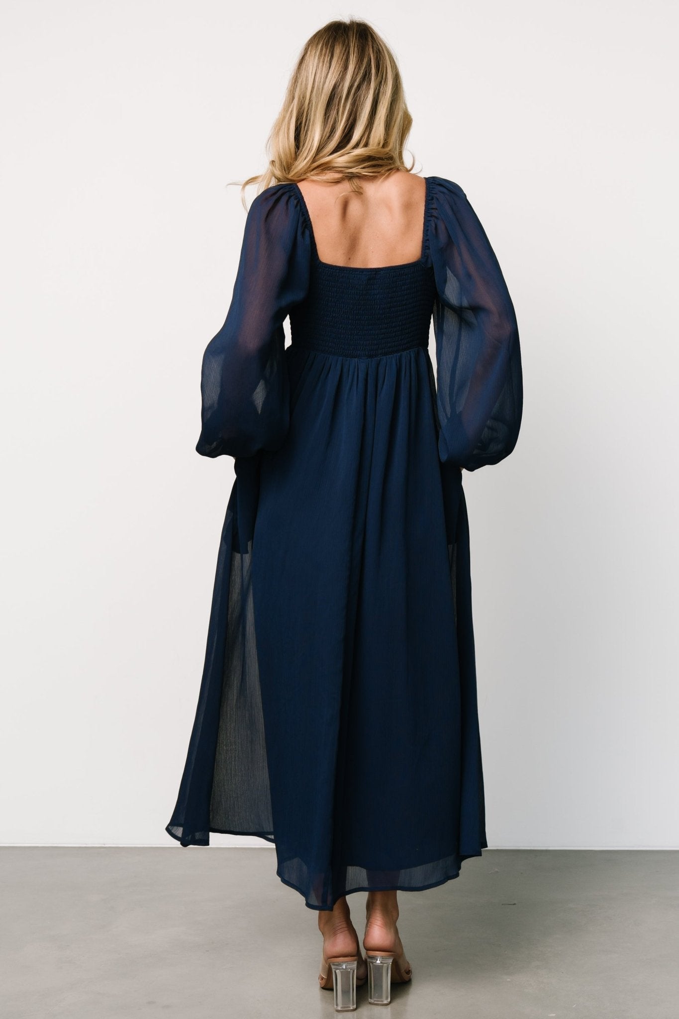 Navy Georgette Midi Dress with Sweetheart Neckline | Dione