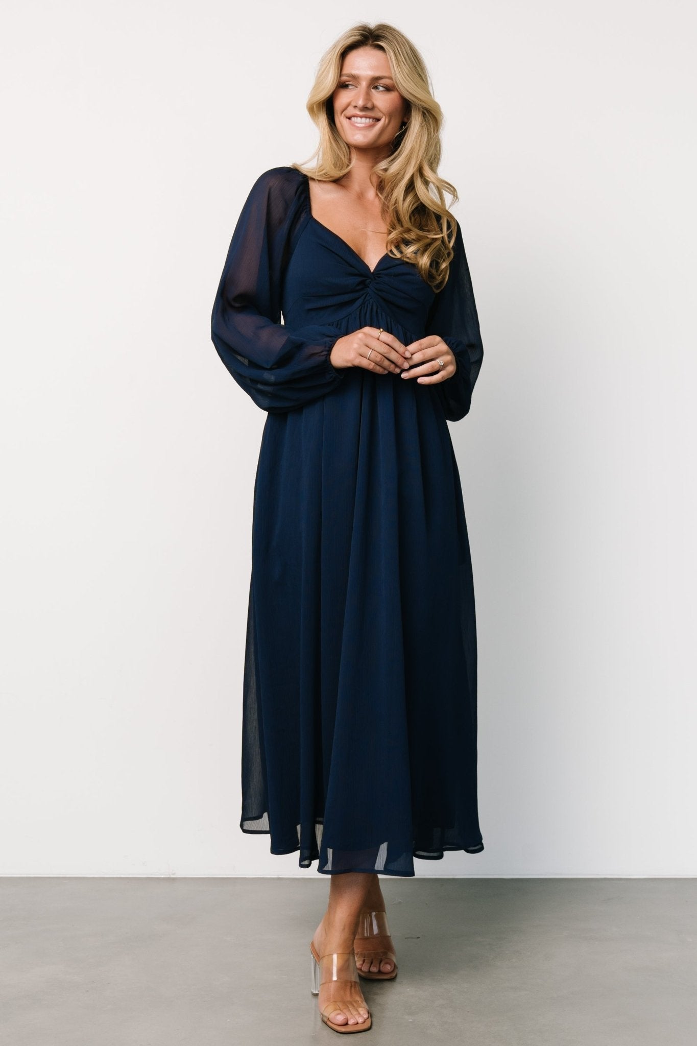 Navy Georgette Midi Dress with Sweetheart Neckline | Dione