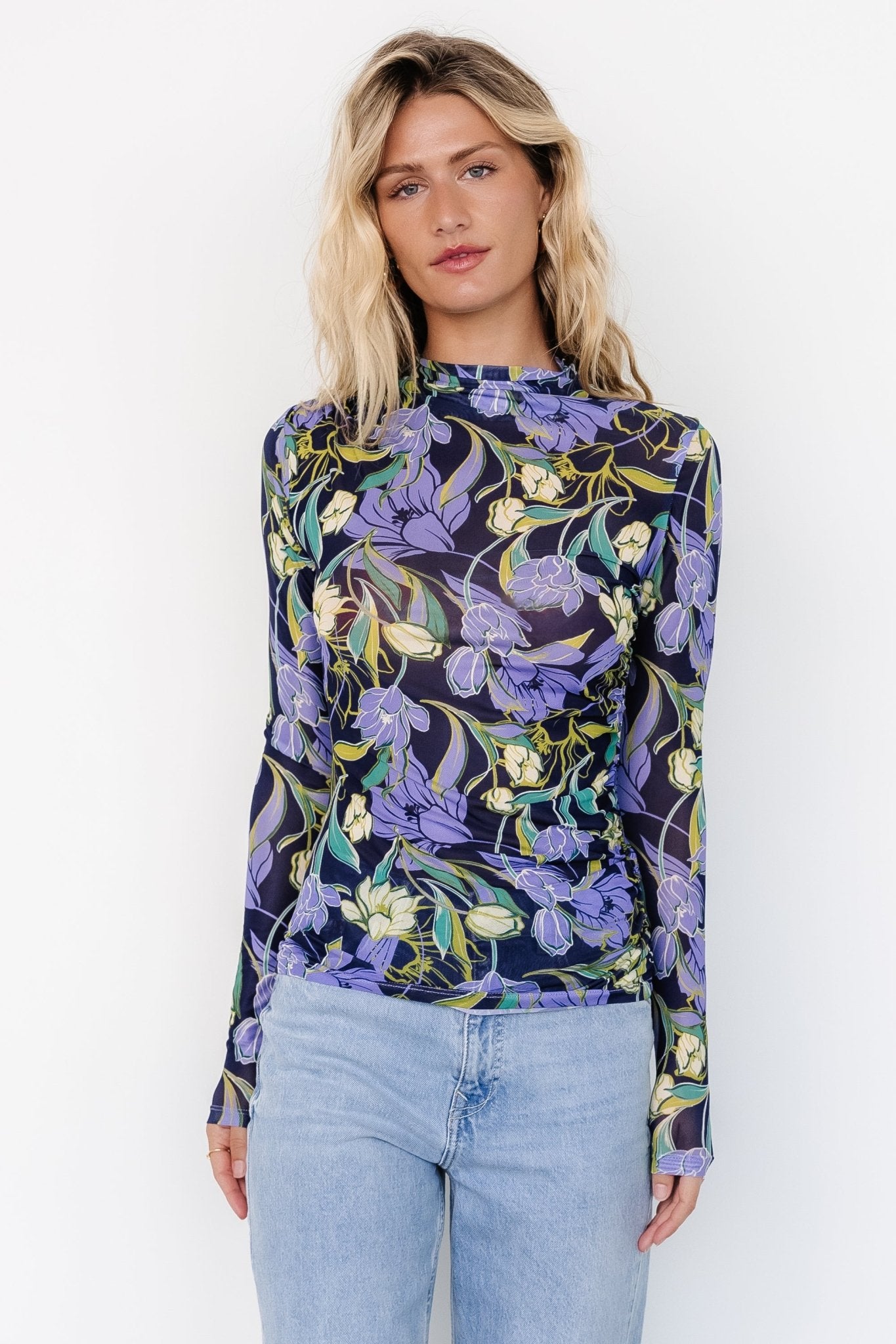 Navy Floral Sheer Mesh Top with Mock Neck | Dom