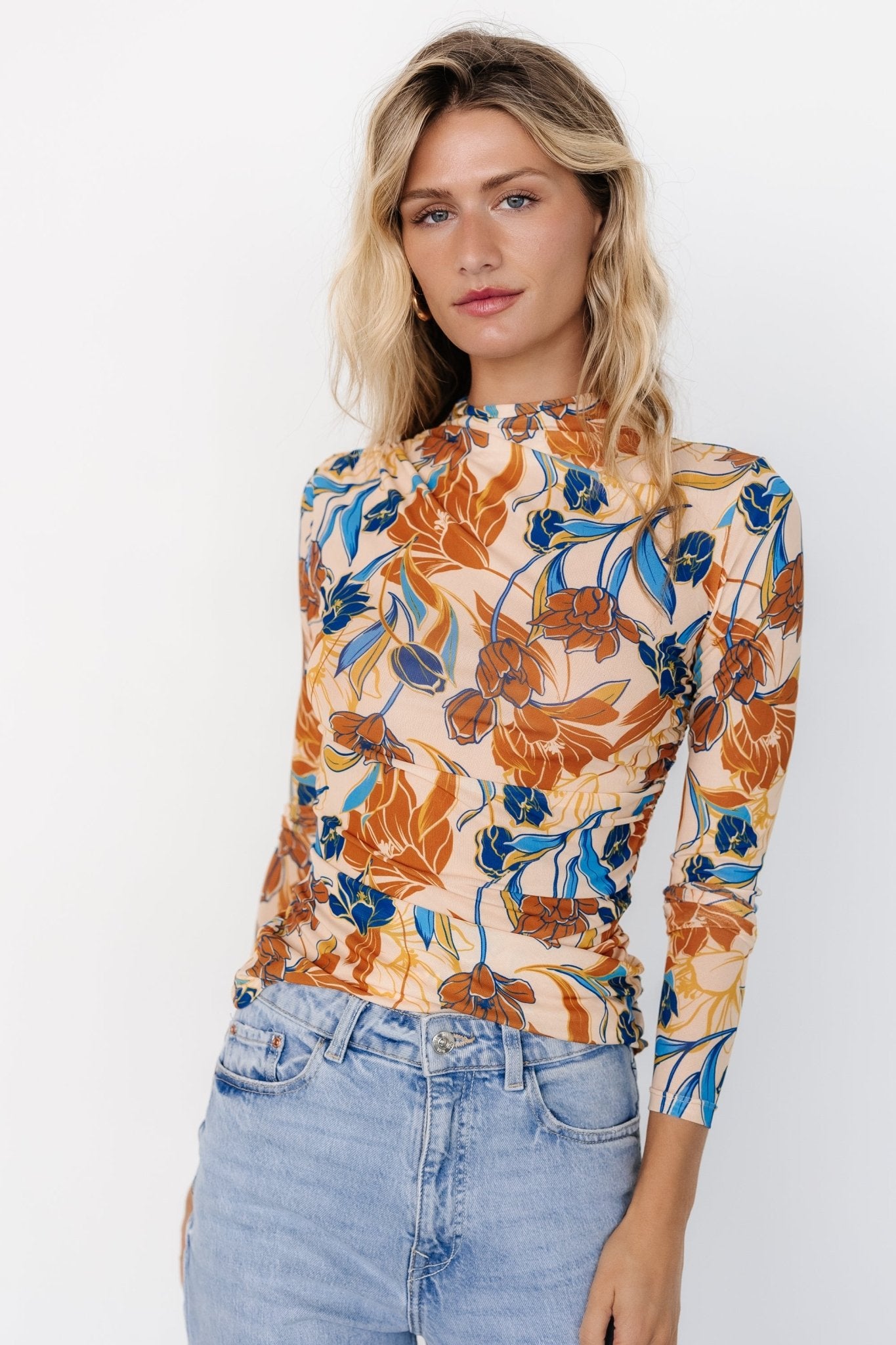 Taupe Floral Sheer Mesh Top | Long Sleeve Mock Neck