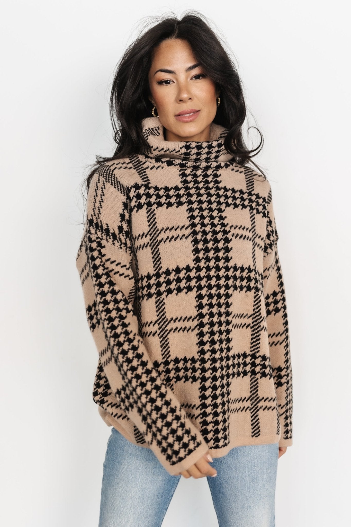Turtleneck Sweater in Houndstooth Knit | Taupe & Black | Baltic Born