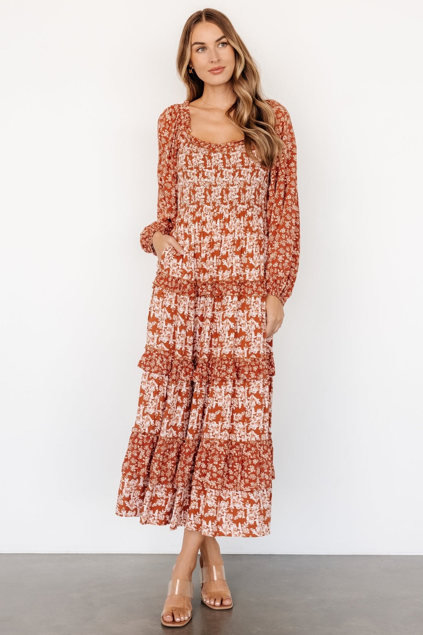 Floral Tiered Maxi Dress with Smocked Bodice & Pockets | Dynah