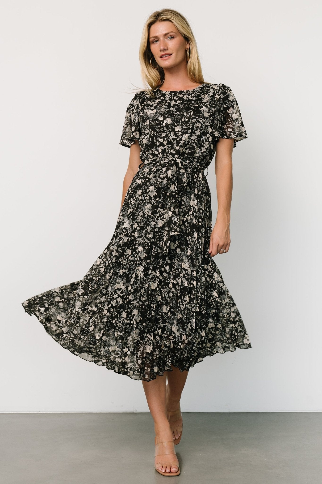 Pleated Chiffon Dress with Waist Tie | Black Floral | Baltic Born