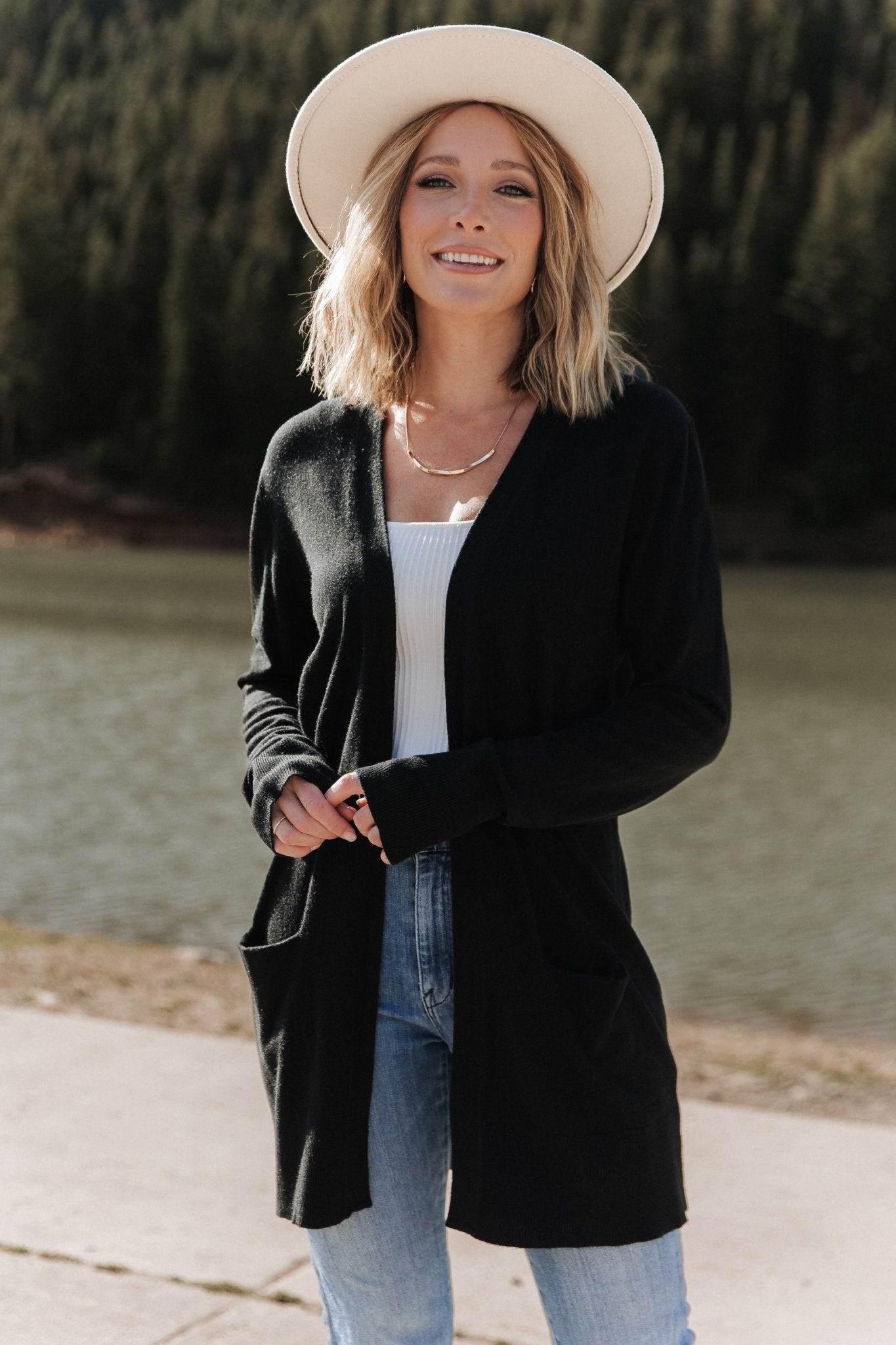 Lightweight Knit Cardigan with Welt Pockets | Edison Black