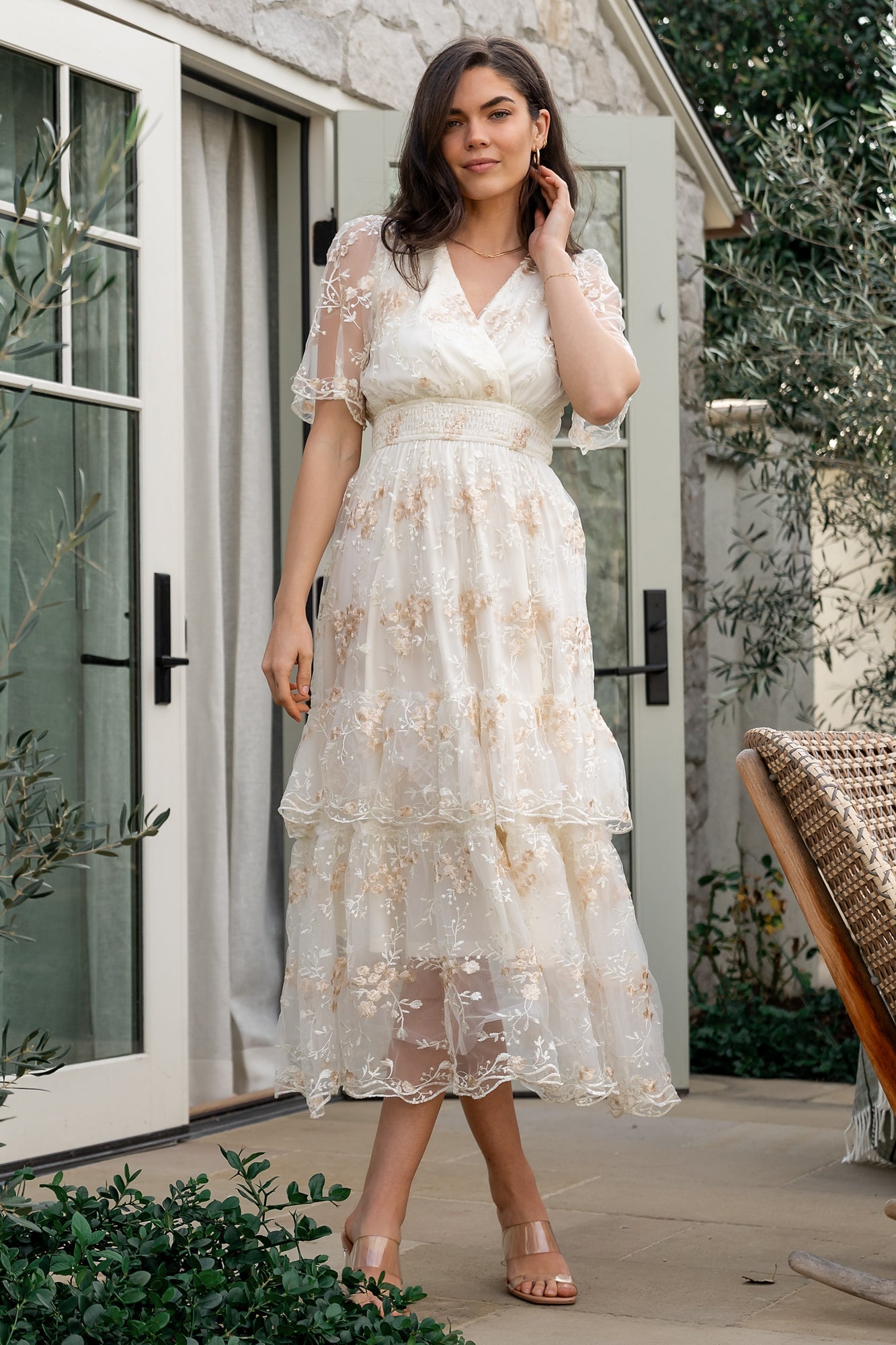 Floral Embroidered Midi Dress for Occasions | Eleanor Cream