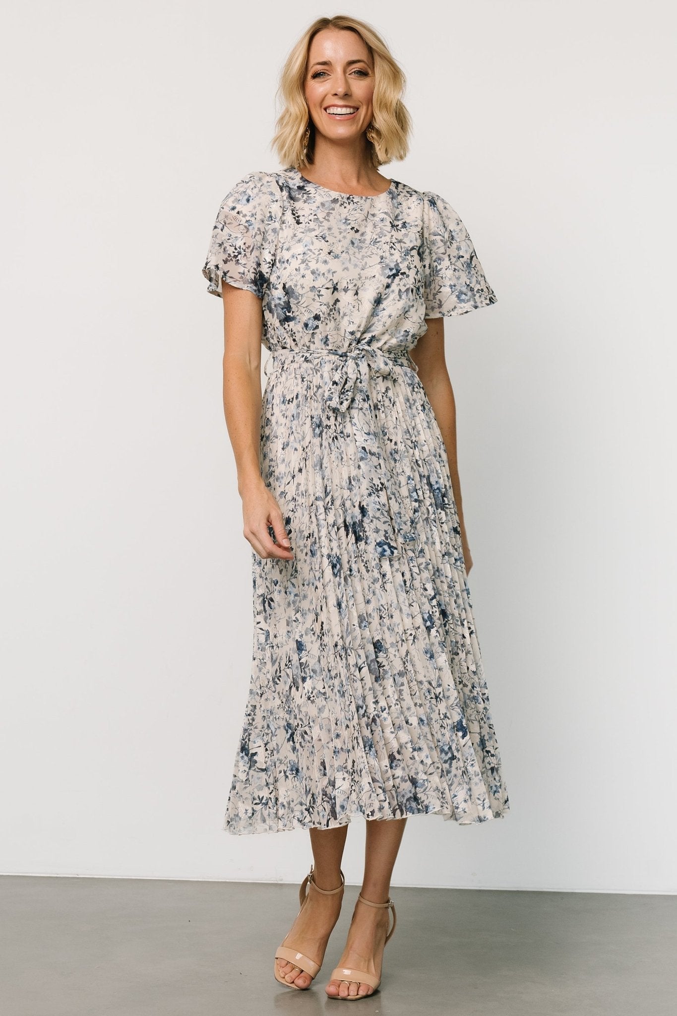 Pleated Floral Chiffon Dress with Waist Tie | Baltic Born