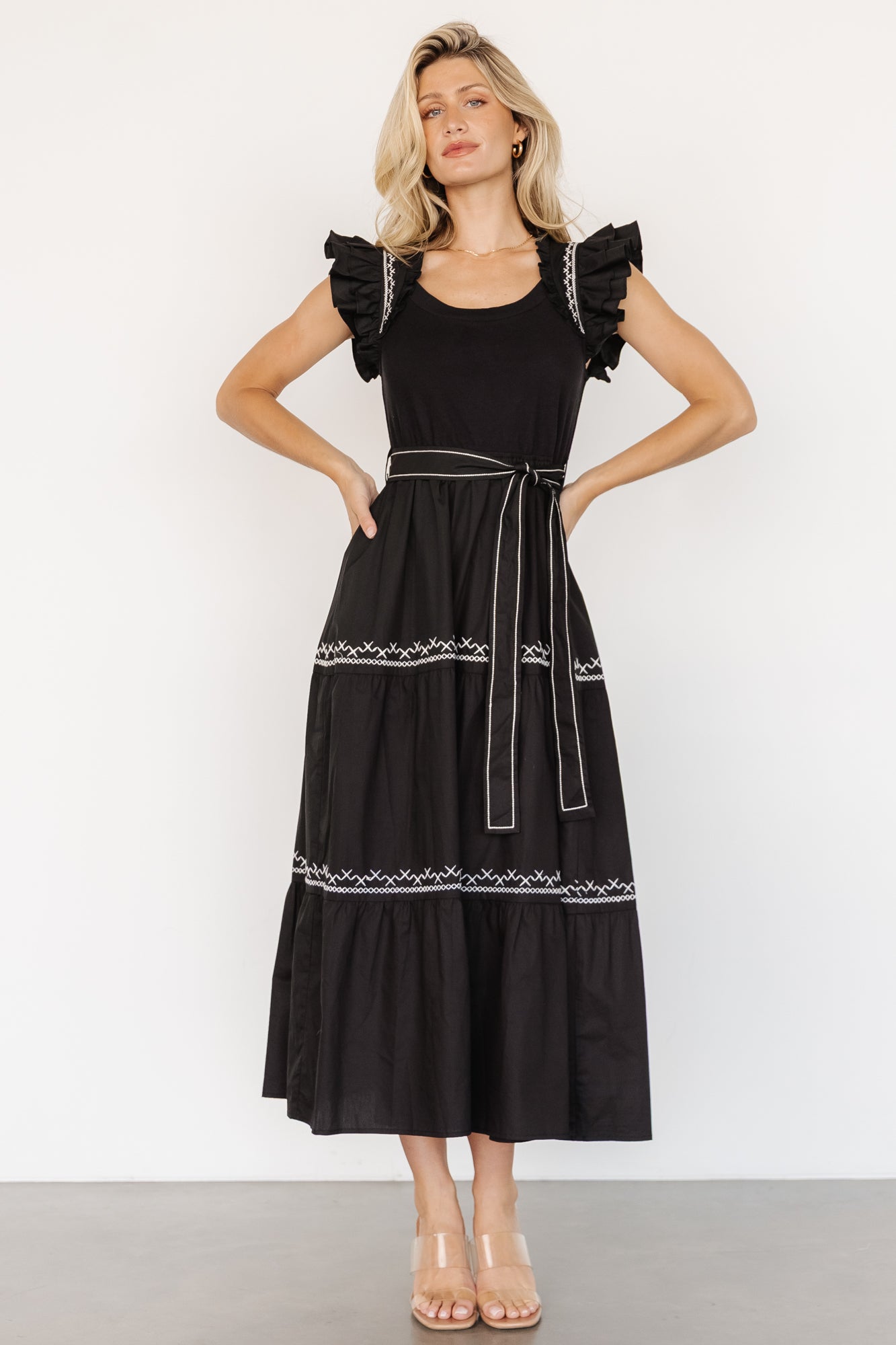 Embroidered Midi Dress with Ruffled Sleeves & Pockets | Baltic Born