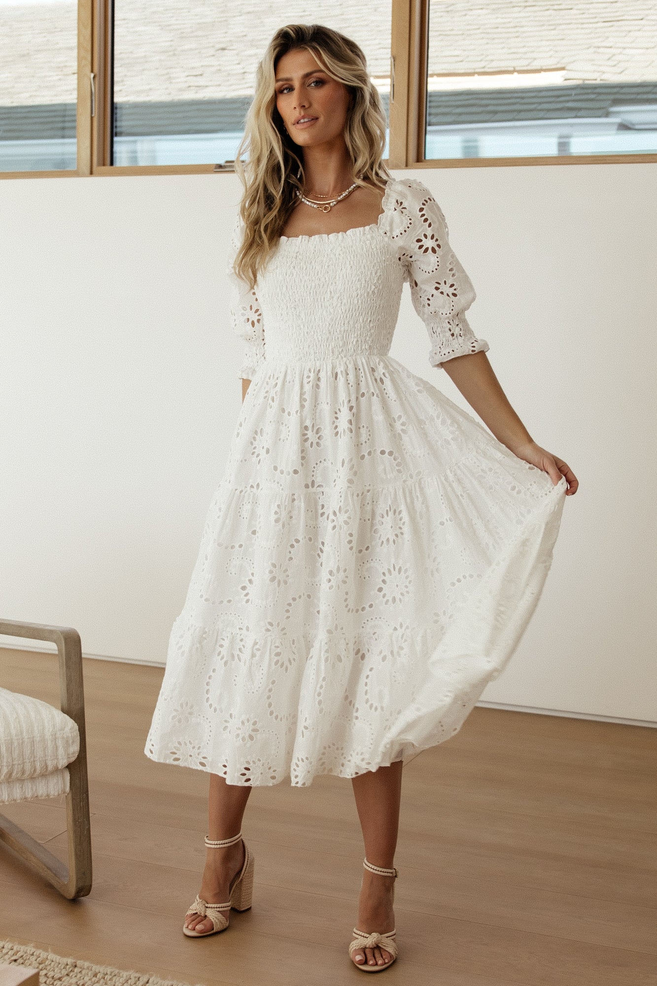 White Eyelet Midi Dress with Smocked Bodice & Tiered Skirt | Baltic Born