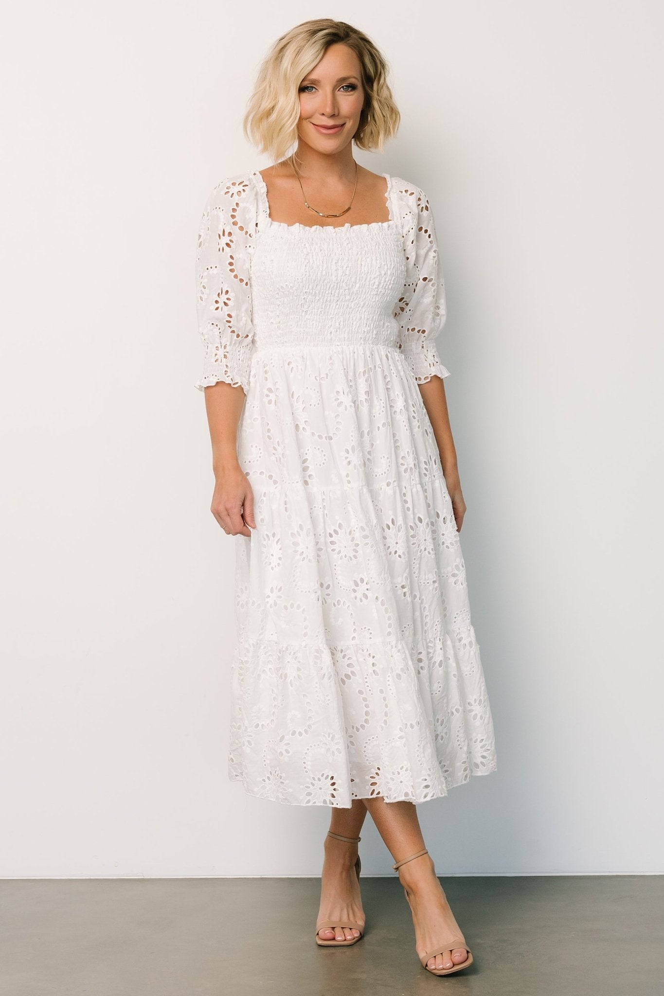 White Eyelet Midi Dress with Smocked Bodice & Tiered Skirt | Baltic Born