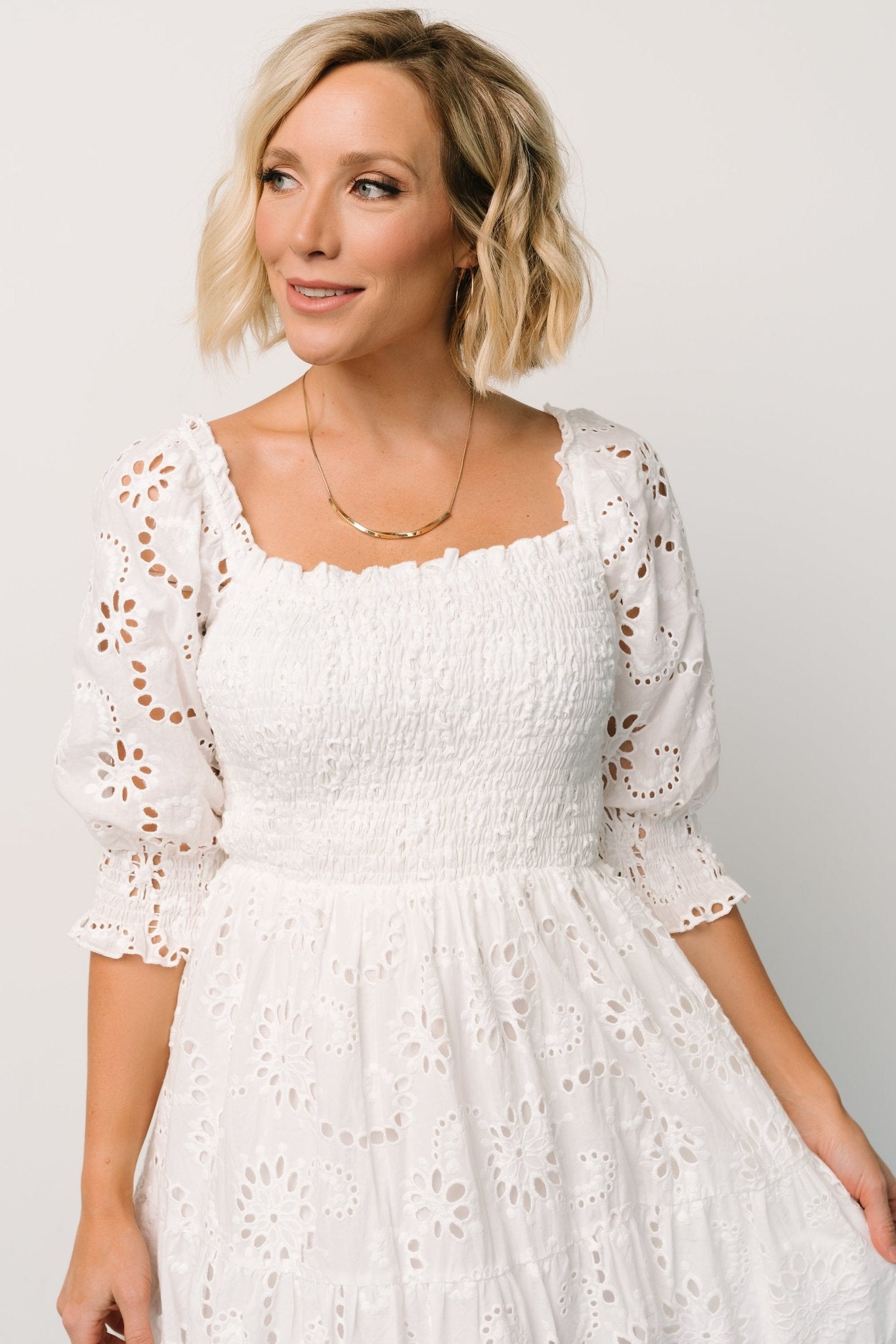 White Eyelet Midi Dress with Smocked Bodice & Tiered Skirt | Baltic Born