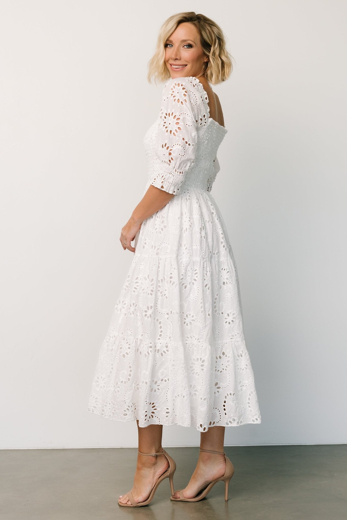 White Eyelet Midi Dress with Smocked Bodice & Tiered Skirt | Baltic Born