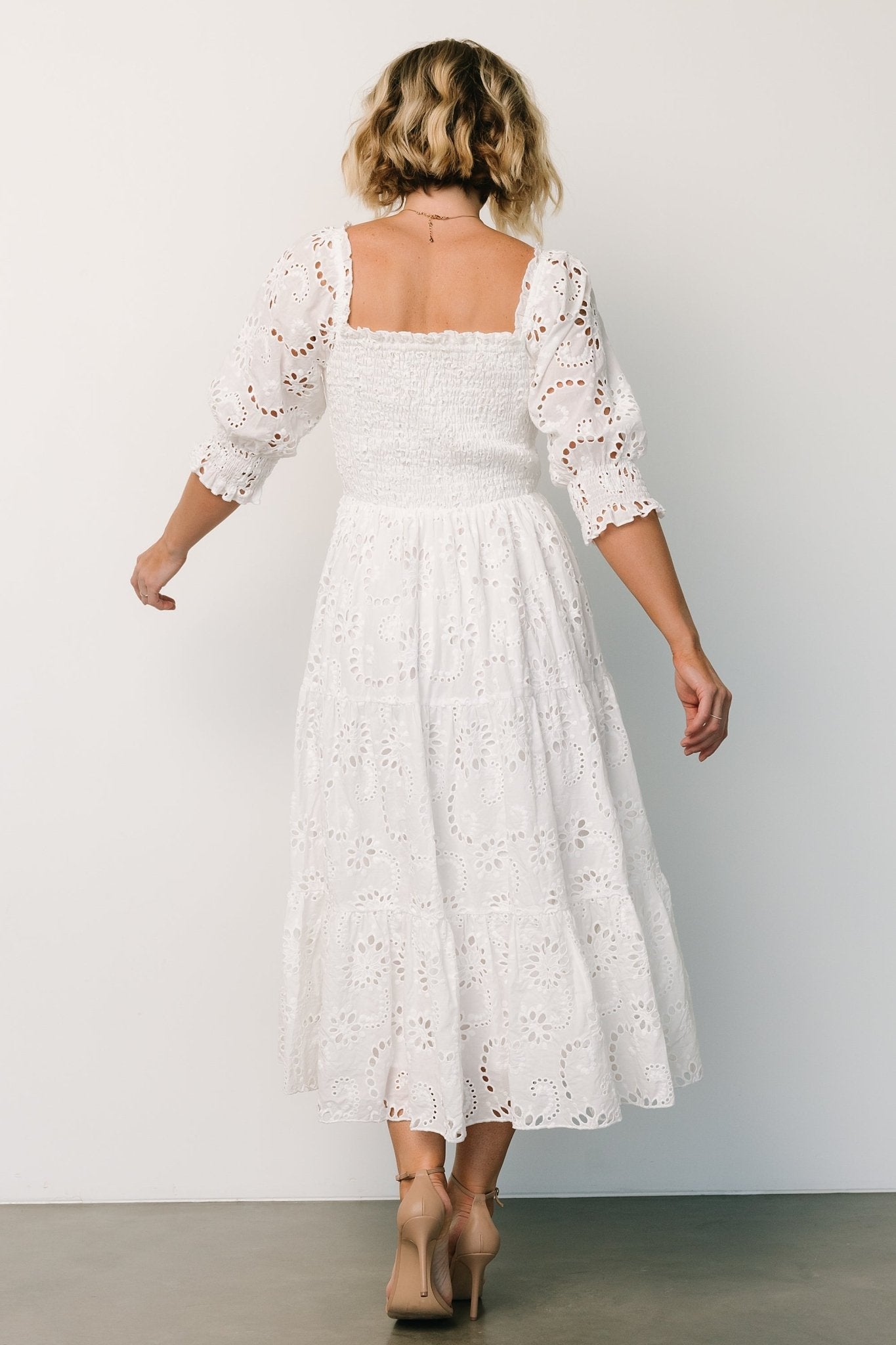 White Eyelet Midi Dress with Smocked Bodice & Tiered Skirt | Baltic Born