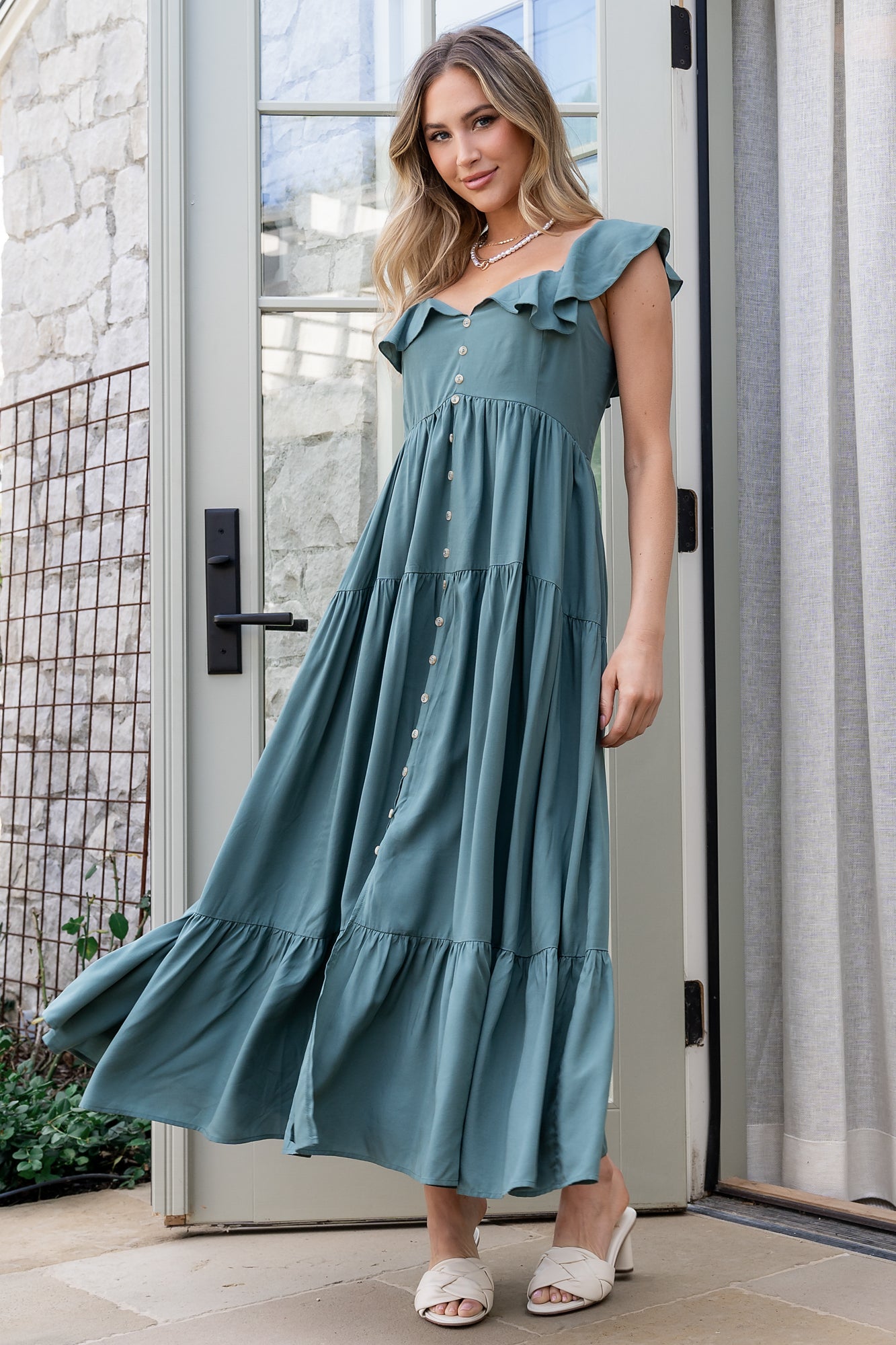 Ruffle Top Dress with V-Neck & Pockets | Baltic Born Deep Teal