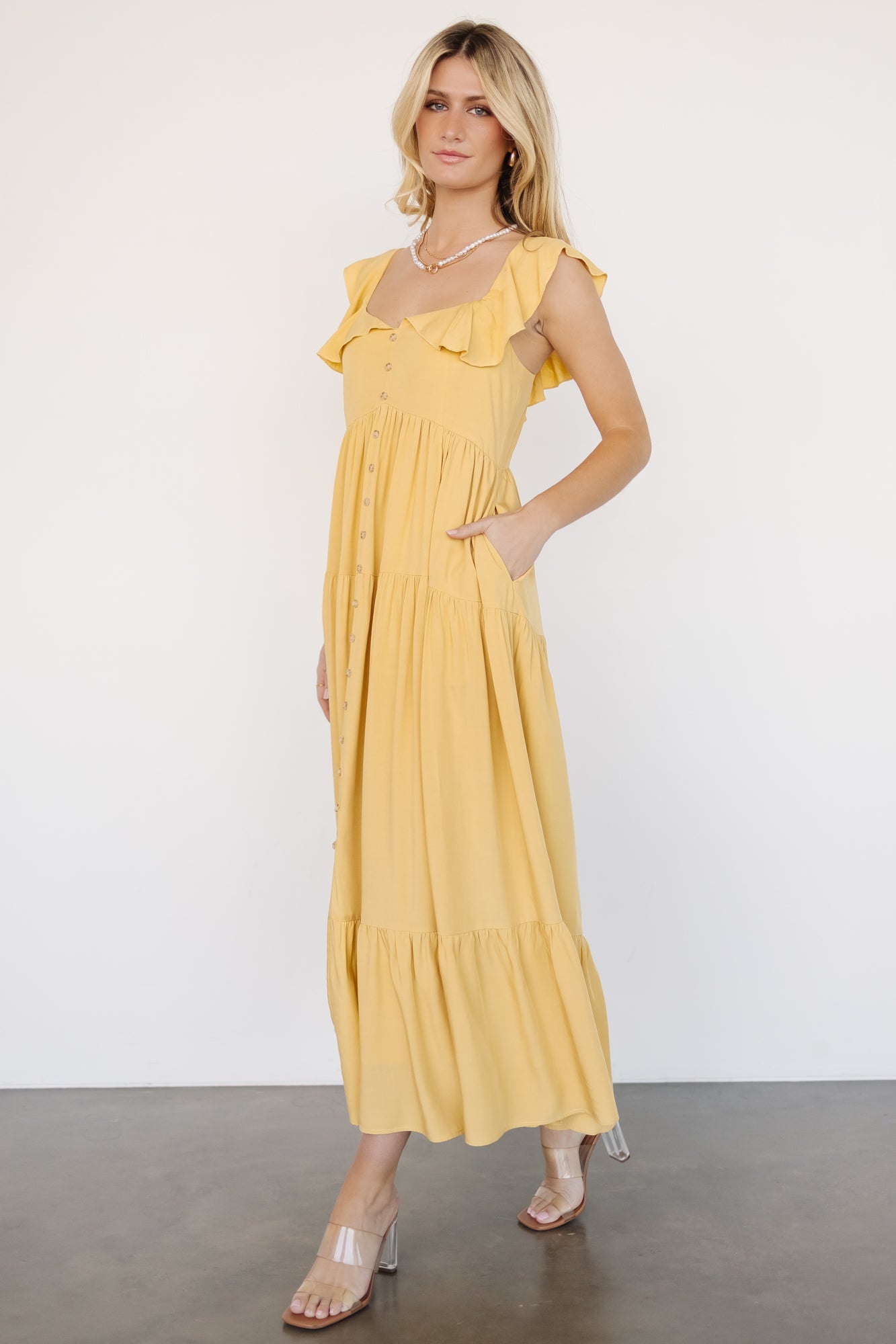 Golden Yellow Ruffle Top Dress with Pockets | Ellie