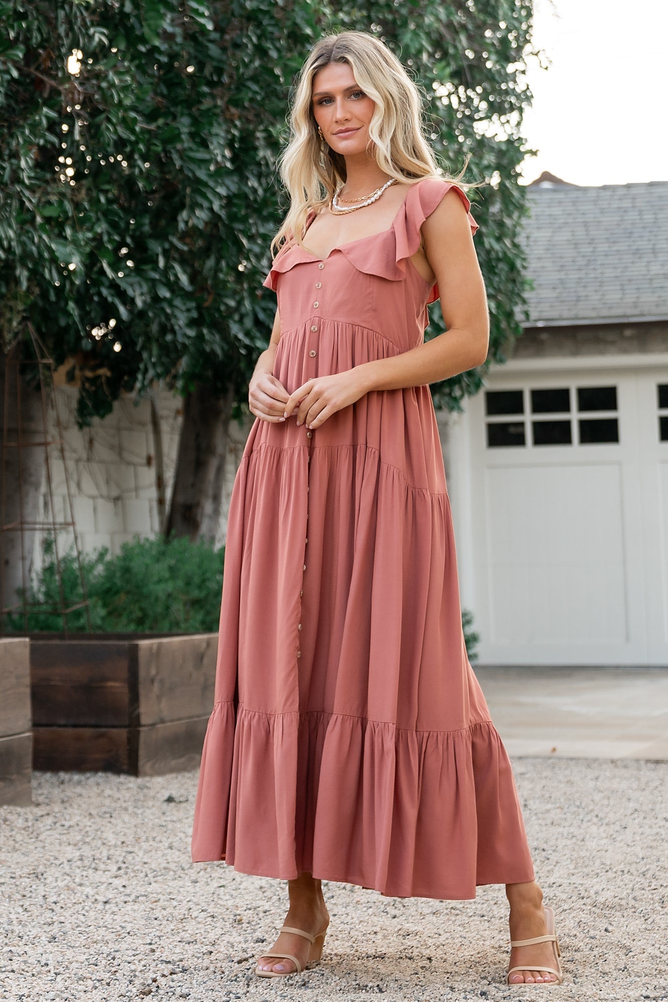 Terracotta Ruffle Sleeve Dress with V-Neck & Pockets | Baltic Born