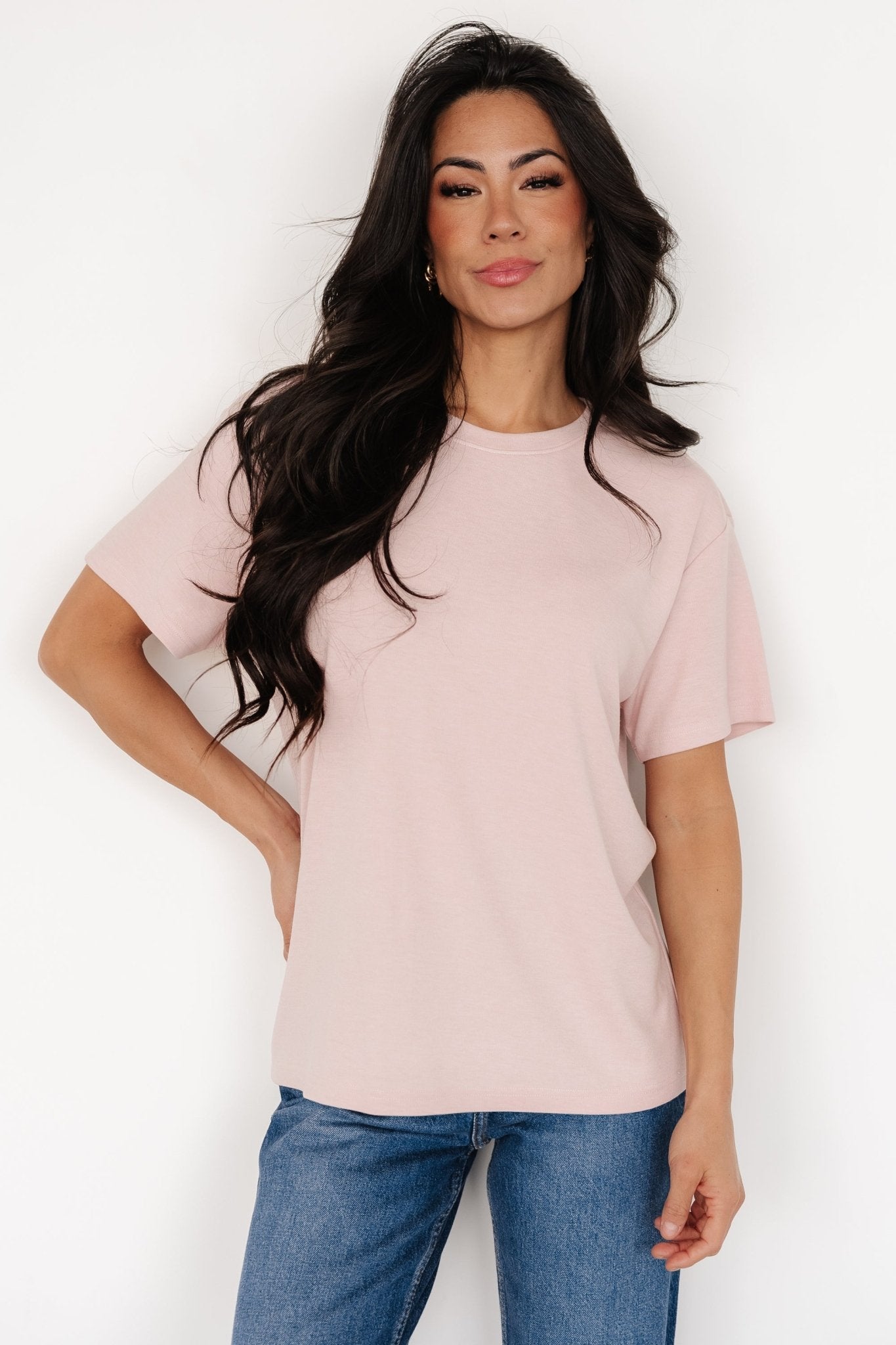 Relaxed Fit Blush Pink Tee | Soft Stretch Round Neck | Elliot