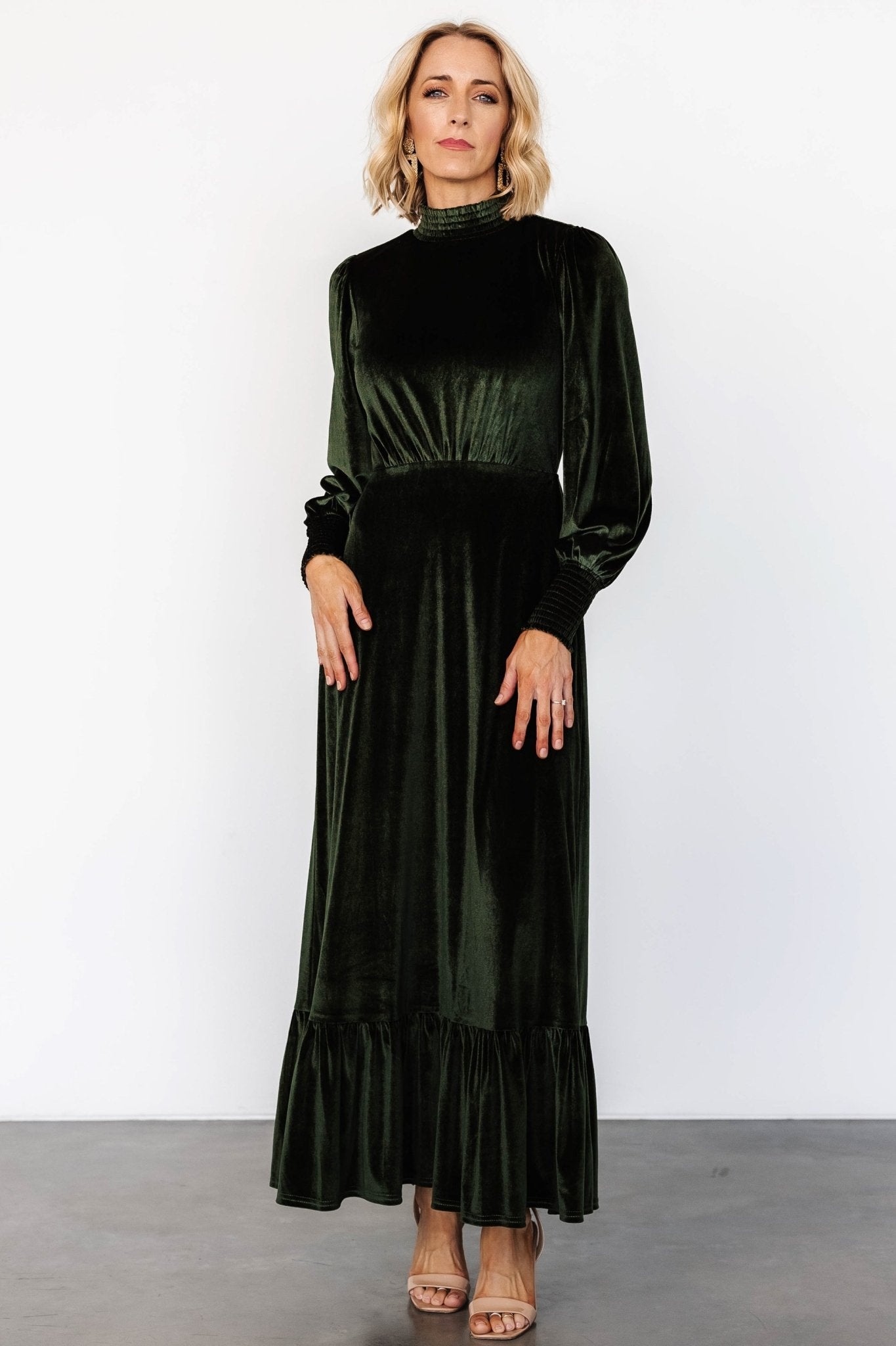 Deep Olive Velvet Maxi Dress for Weddings | Baltic Born