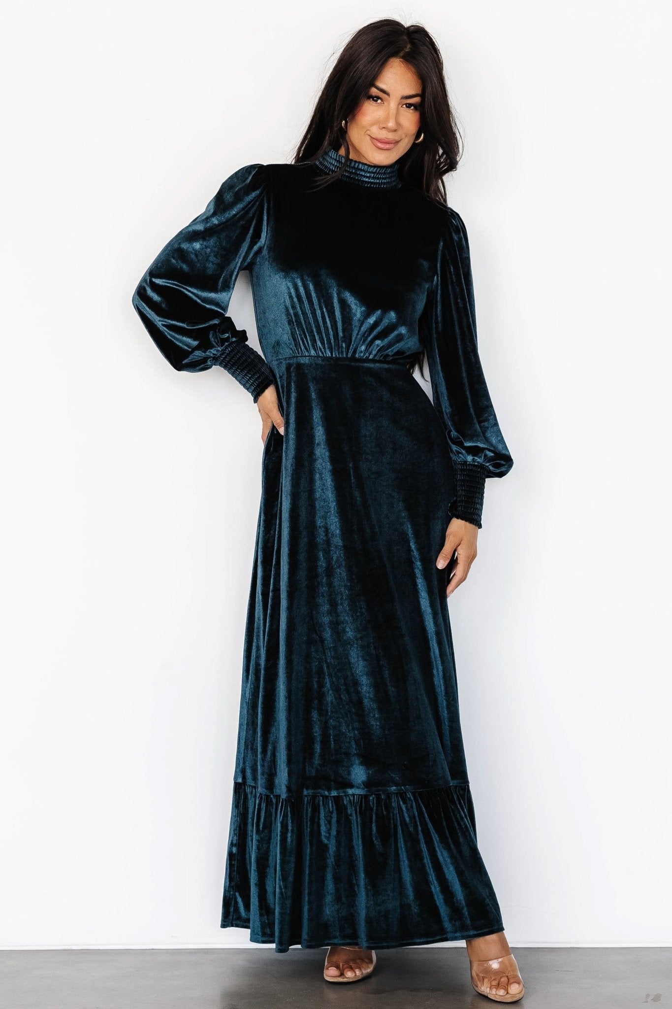 Teal Velvet Maxi Dress for Weddings | Elodie Modest Long Sleeve