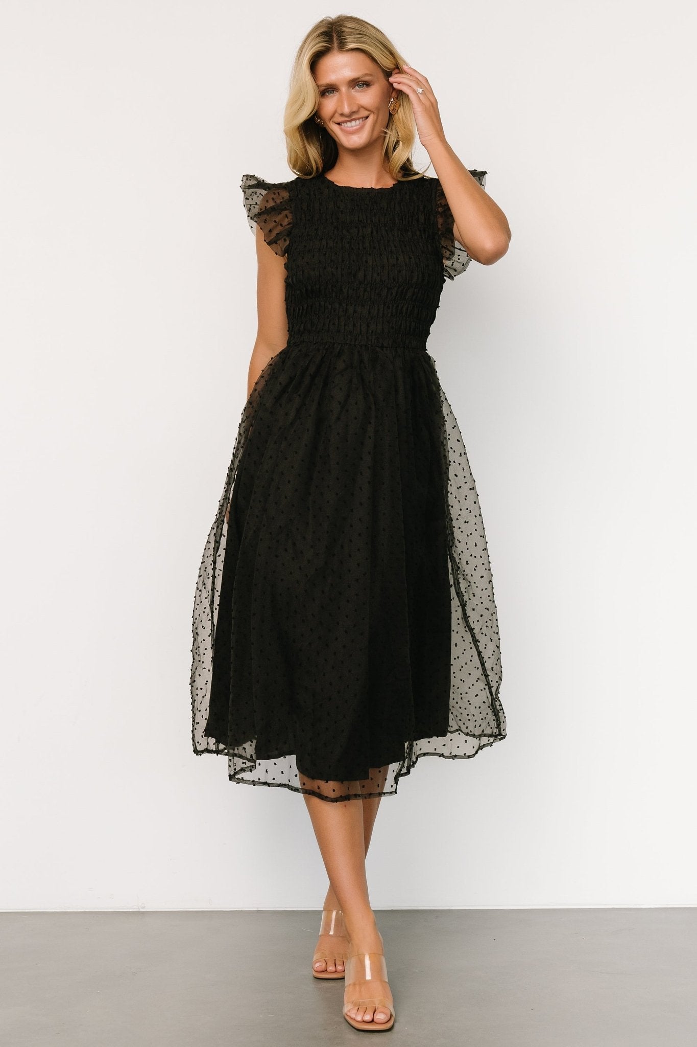 Black Dot Midi Dress with Smocked Bodice & Flutter Sleeves | Alice