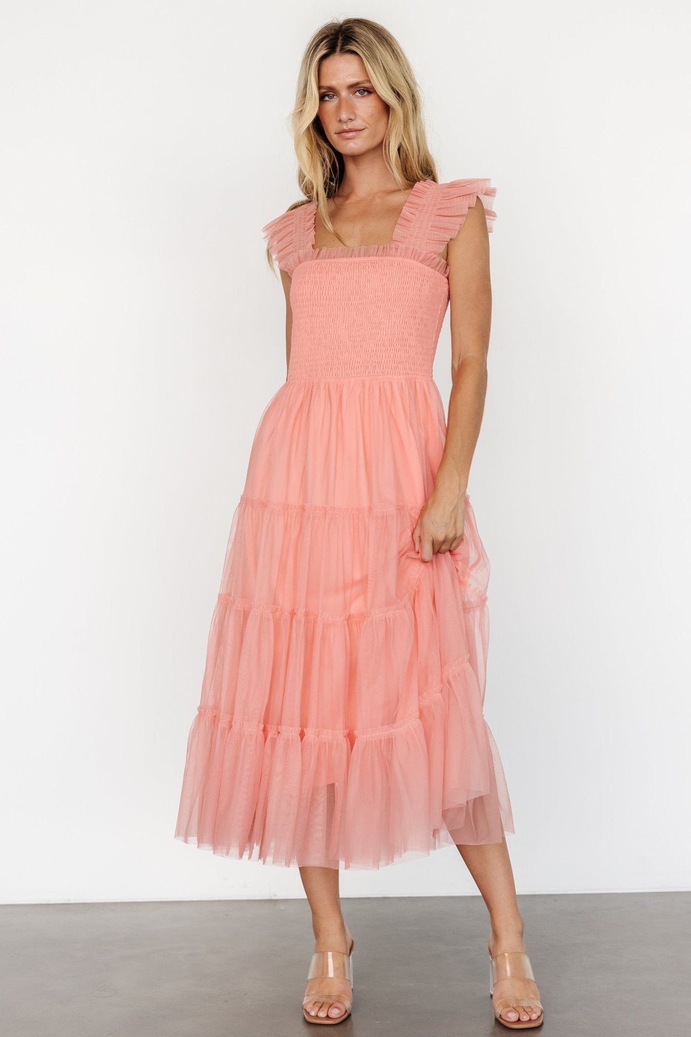 Coral Smocked Tulle Midi Dress with Ruffles | Baltic Born