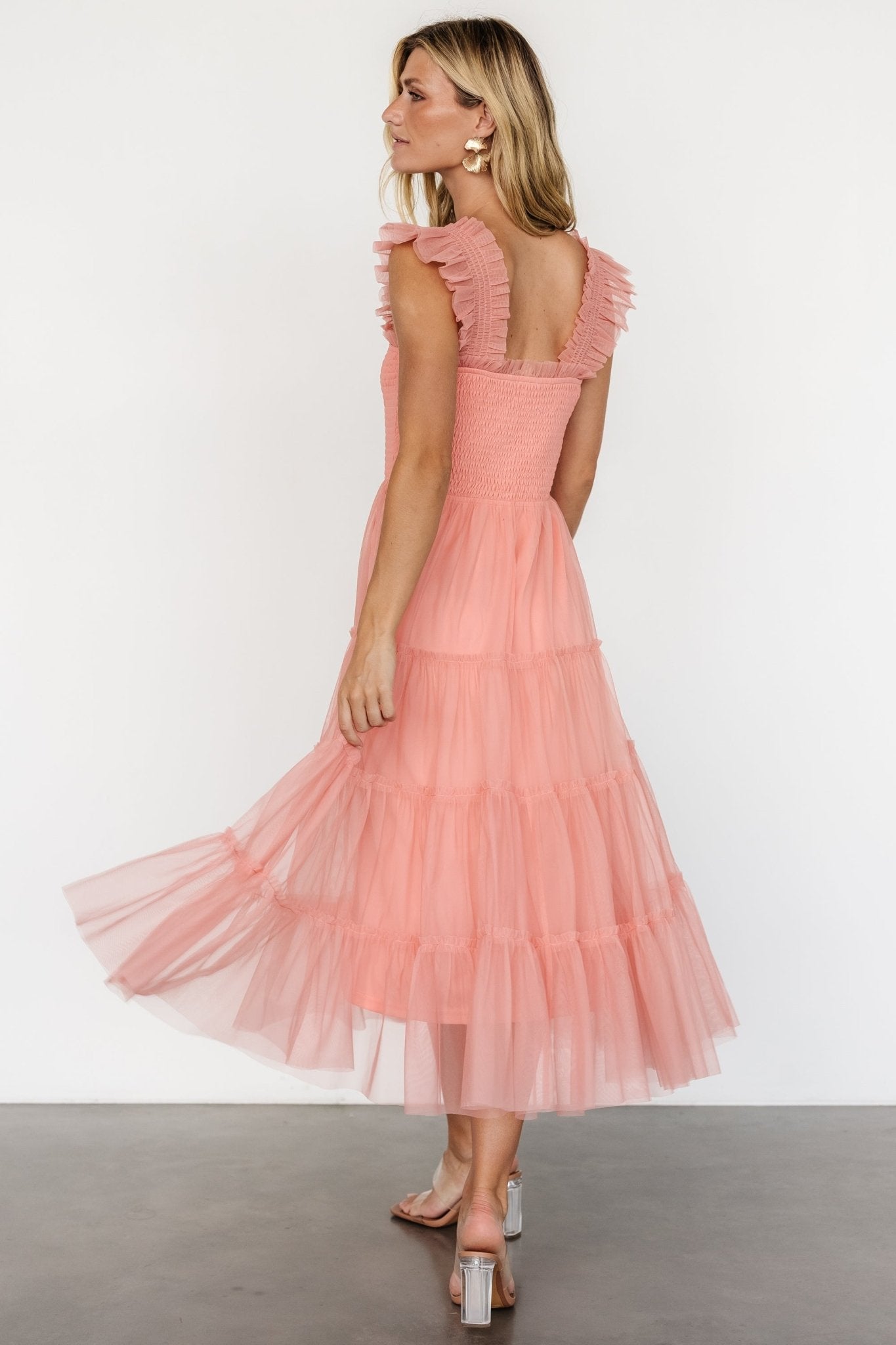 Coral Smocked Tulle Midi Dress with Ruffles | Baltic Born