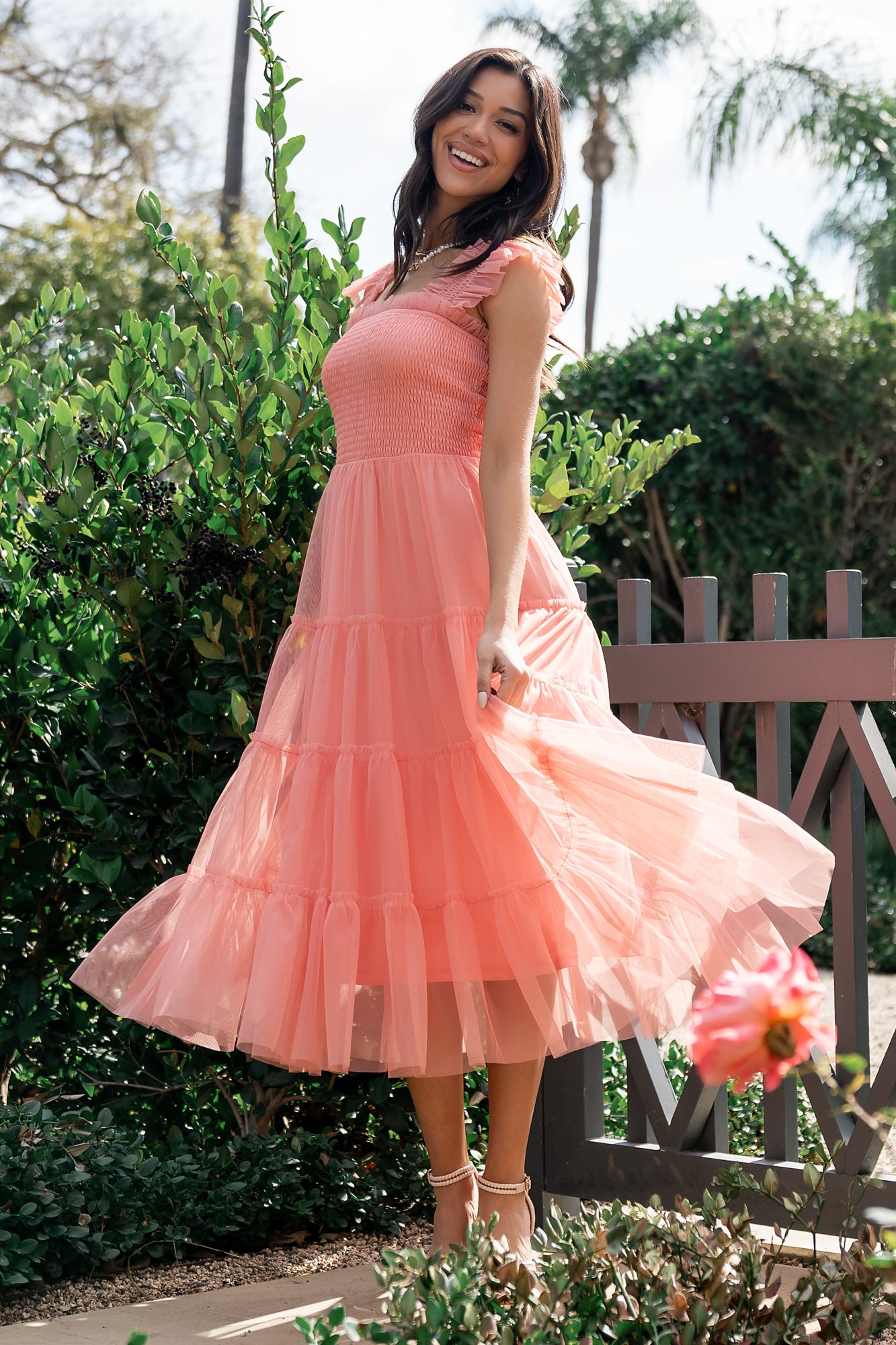 Coral Smocked Tulle Midi Dress with Ruffles | Baltic Born